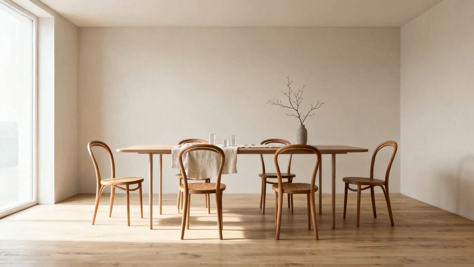 Minimalist dining setup with six slim armless bentwood chairs around a narrow table.