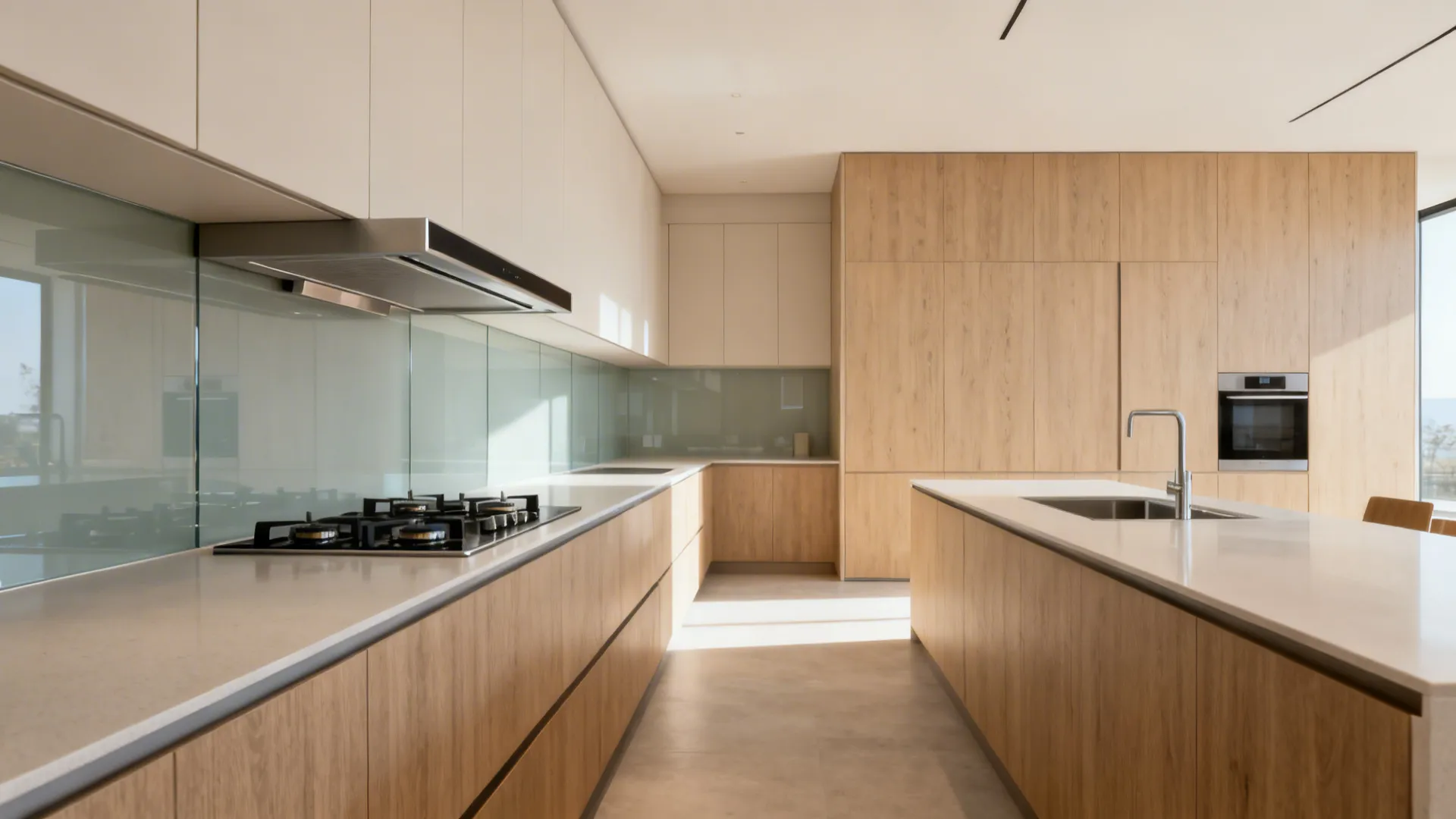 Slim 60 cm chimney in a narrow galley kitchen with light cabinets and glass backsplash.