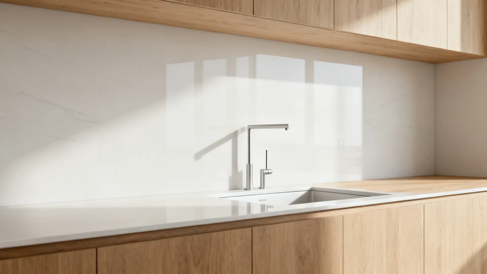 Slim wall-mount faucet on a seamless quartz backsplash with minimalist sink zone.
