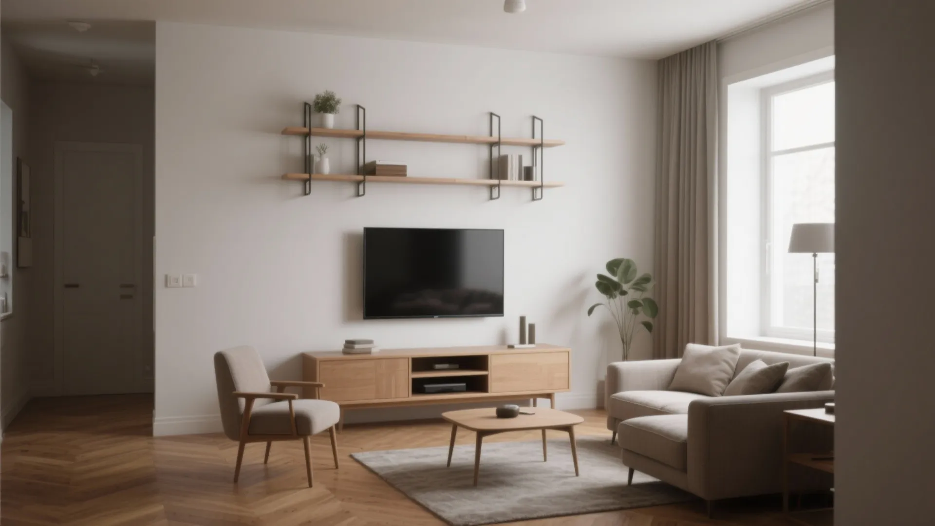 Minimalist small living room with wall-mounted shelf