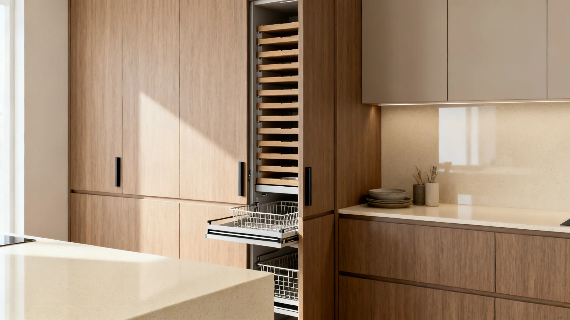 Full-height matte wood cabinets with concealed pulls and organized pull-outs in a compact kitchen.