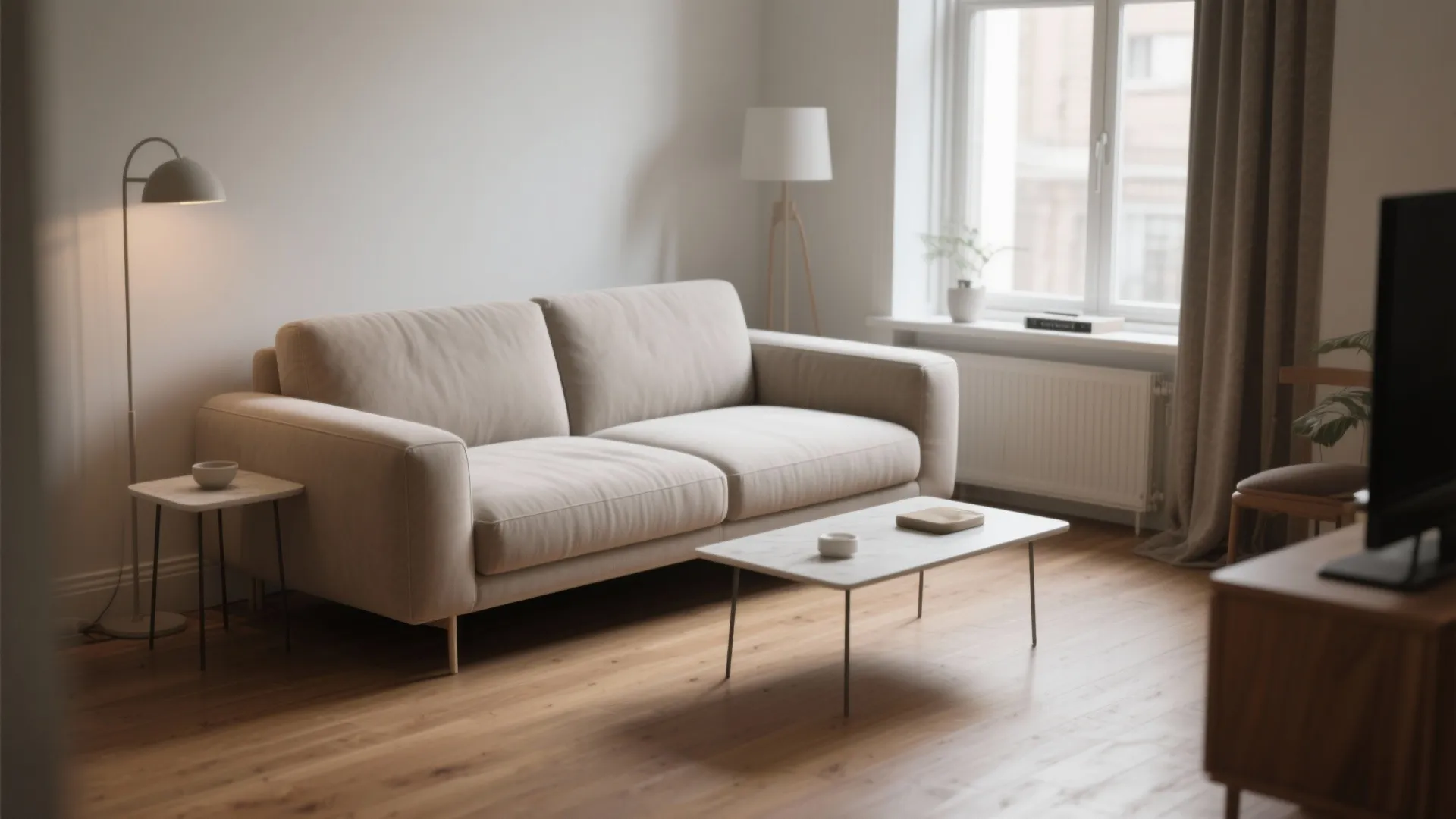 Minimalist living room featuring beige sofa, marble coffee table, floor lamp, side table, and windows