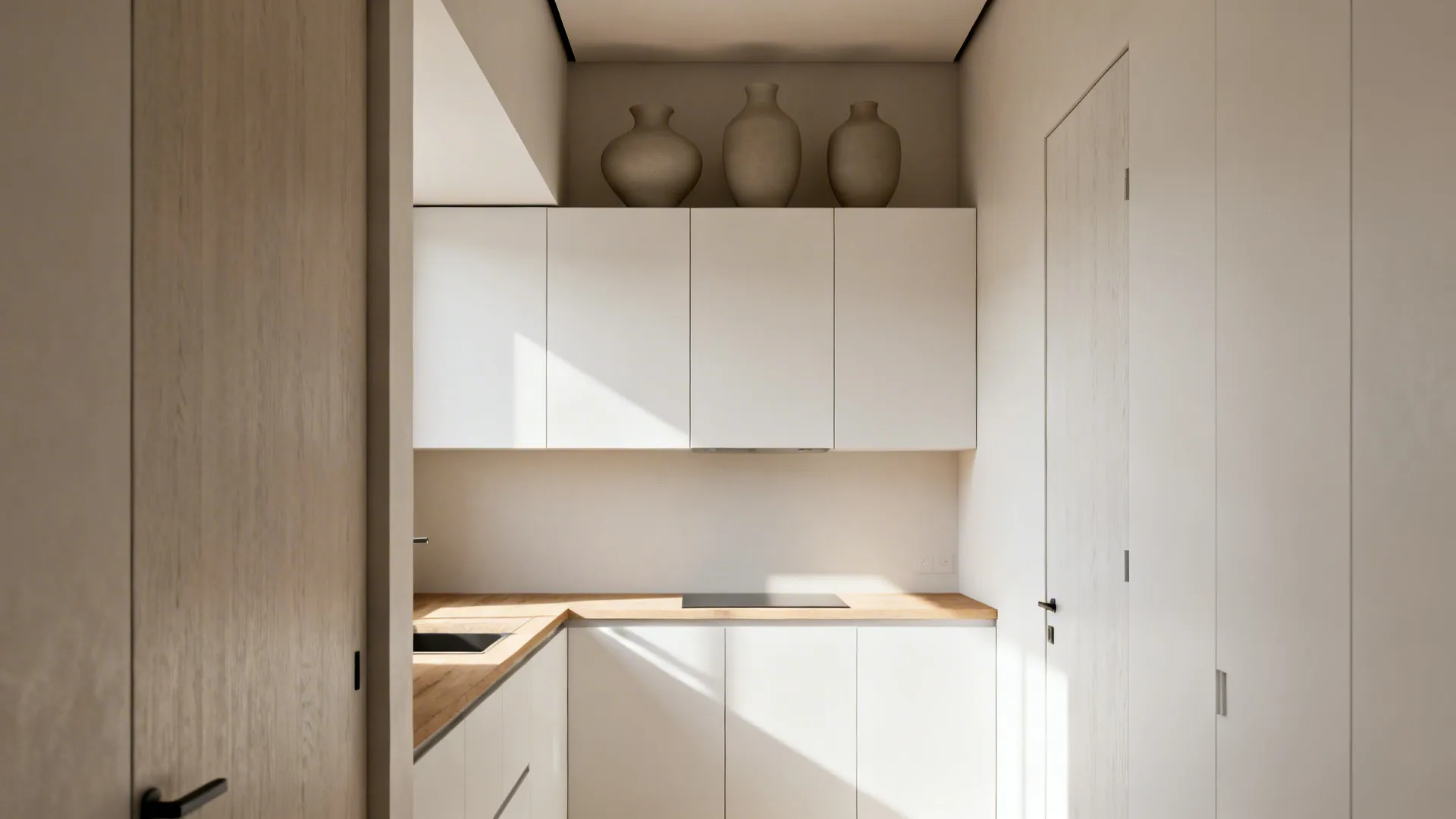Three matte sculptural objects above white cabinets create a calm, minimalist soffit gap.