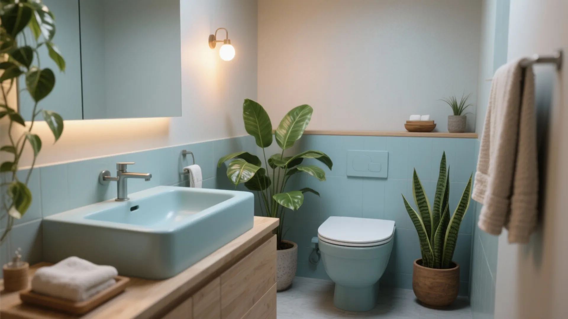 5. Minimal Spa: Soft Blue Fixtures + Potted Greenery