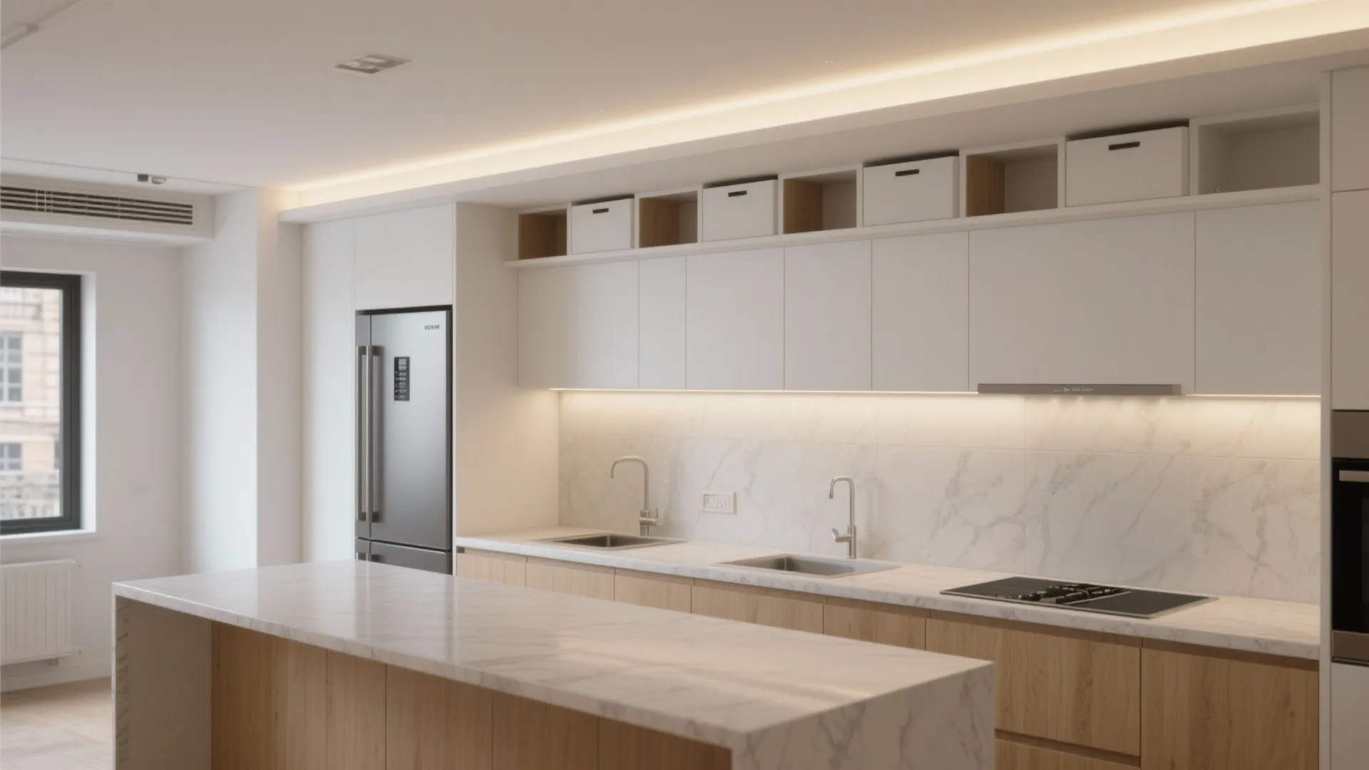 Modern kitchen with marble island white cabinets warm light fixtures and wooden base storage cabinets