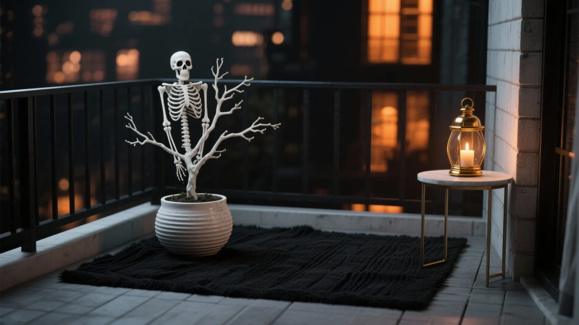 Modern balcony at night featuring skeleton plant decoration black rug side table and warm lantern