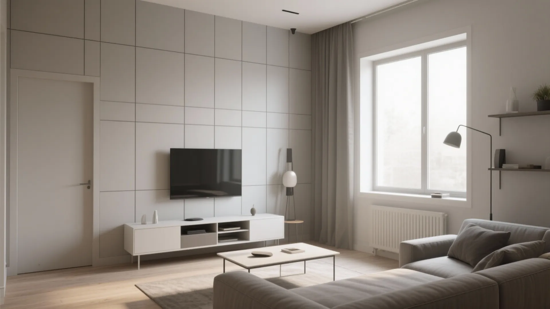 Modern living room with grey wall panel and television above a white cabinet with sofa