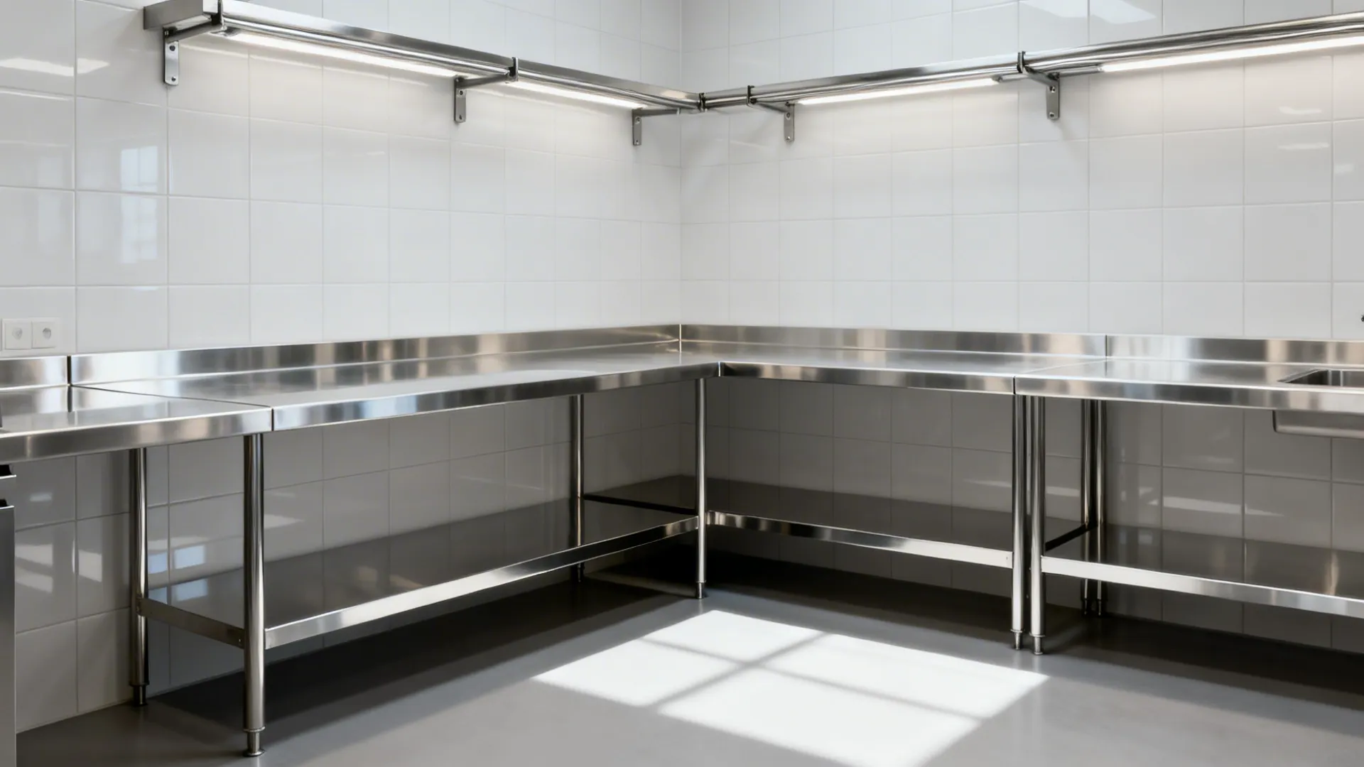 Minimal stainless worktables with undershelves and wall rails against matte tile for a clean, bright kitchen.