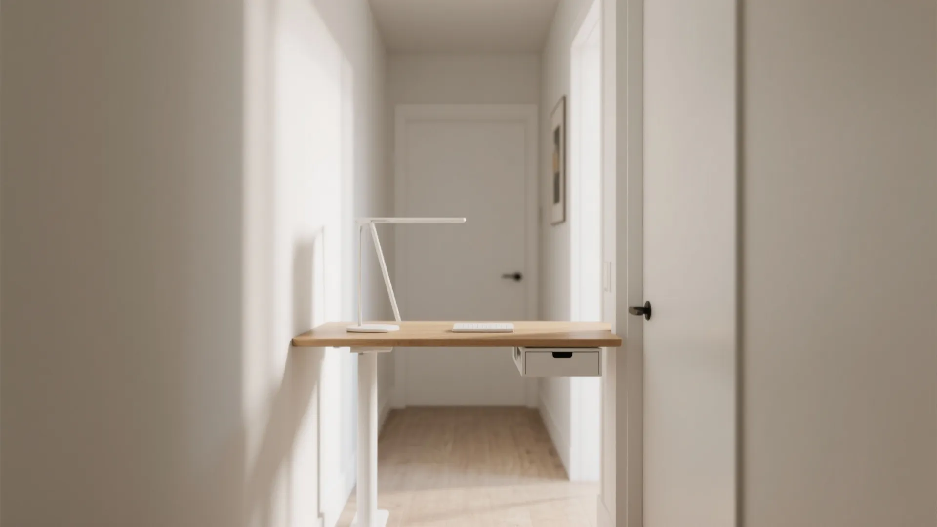 Minimalist wood standing desk with white lamp and keyboard in a bright and narrow hallway