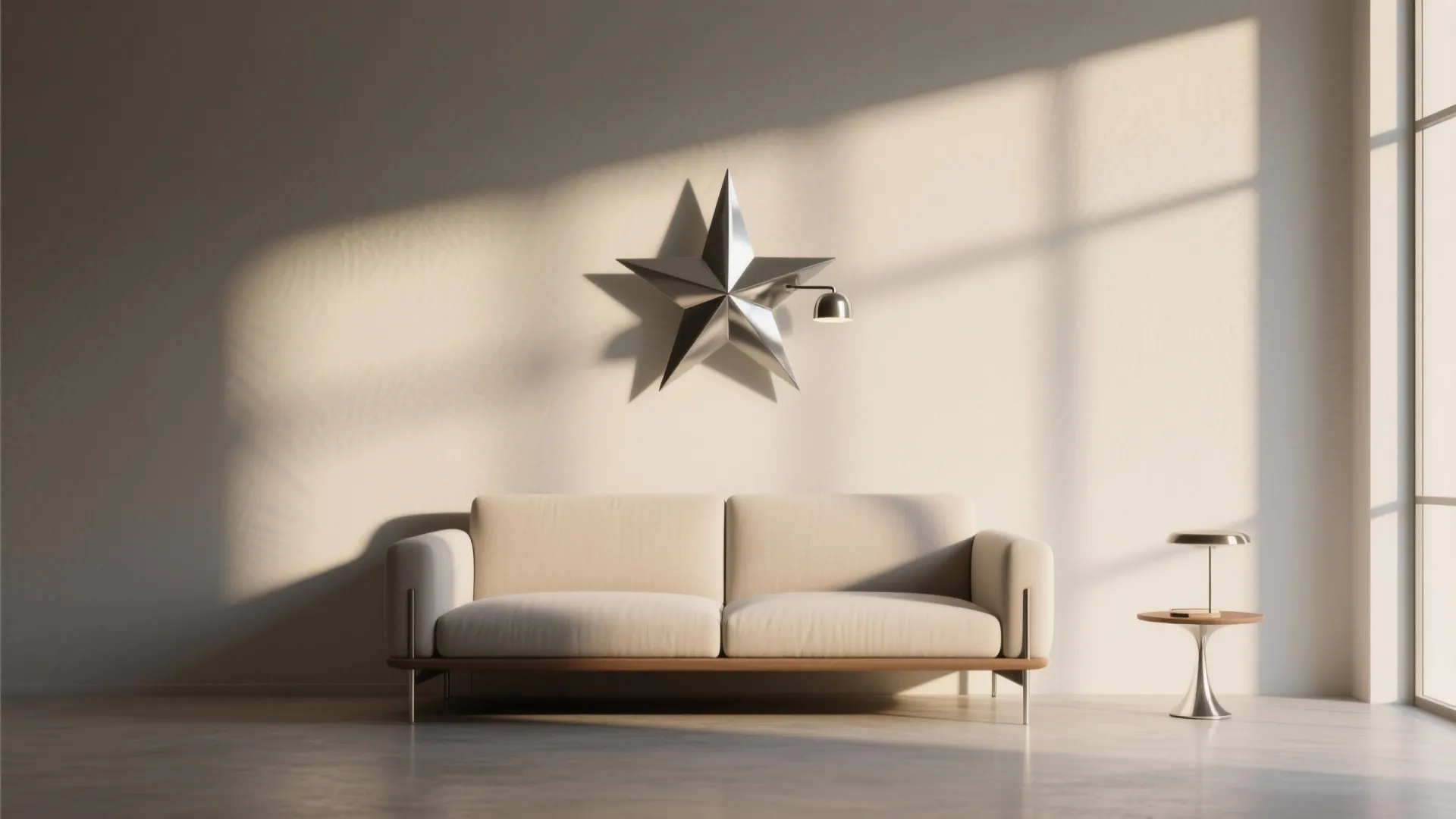 Modern living room featuring beige sofa and star shaped wall light with a side table