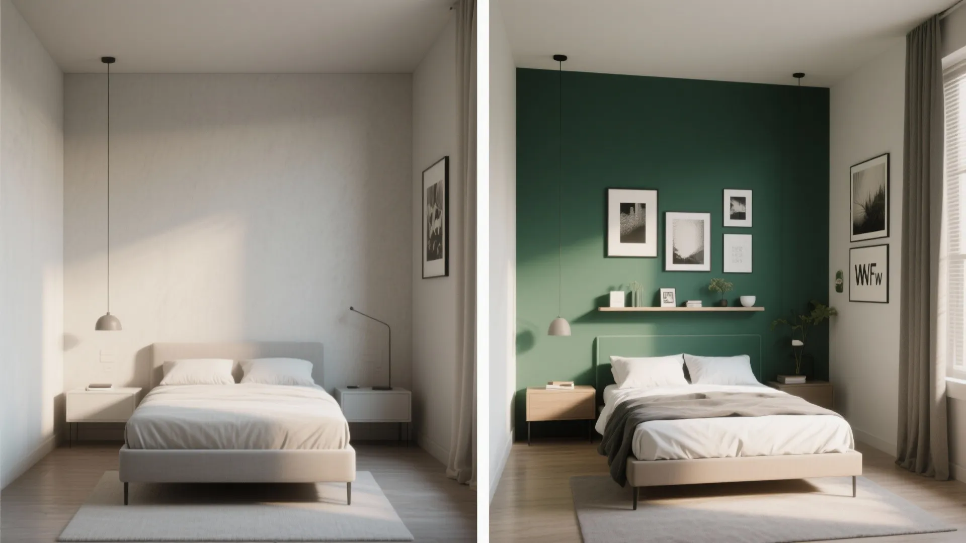 Side-by-side comparison of a minimalist bedroom before and after adding a green wall and artwork