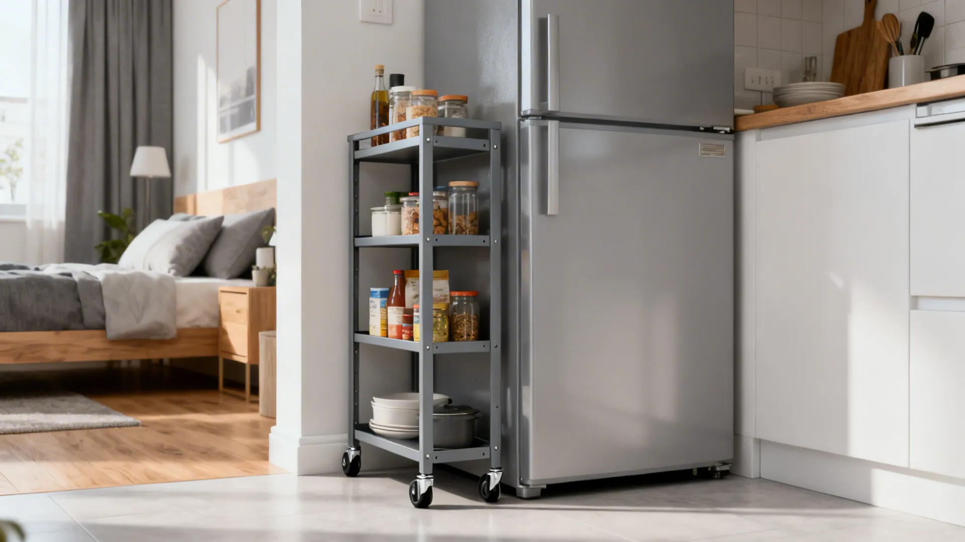 Slim powder-coated steel kitchen trolley with open shelves in a micro-kitchen.