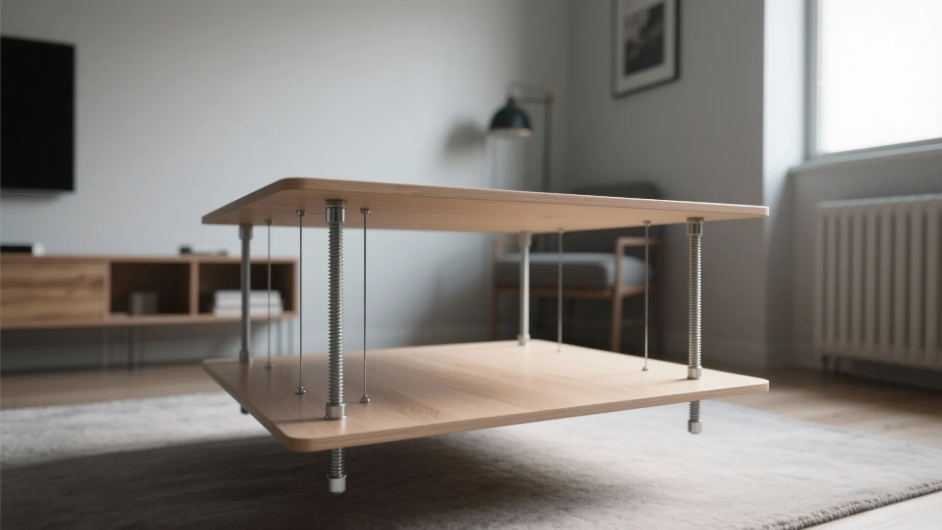 Modern wood coffee table with two levels supported by metal poles in a minimalist living room
