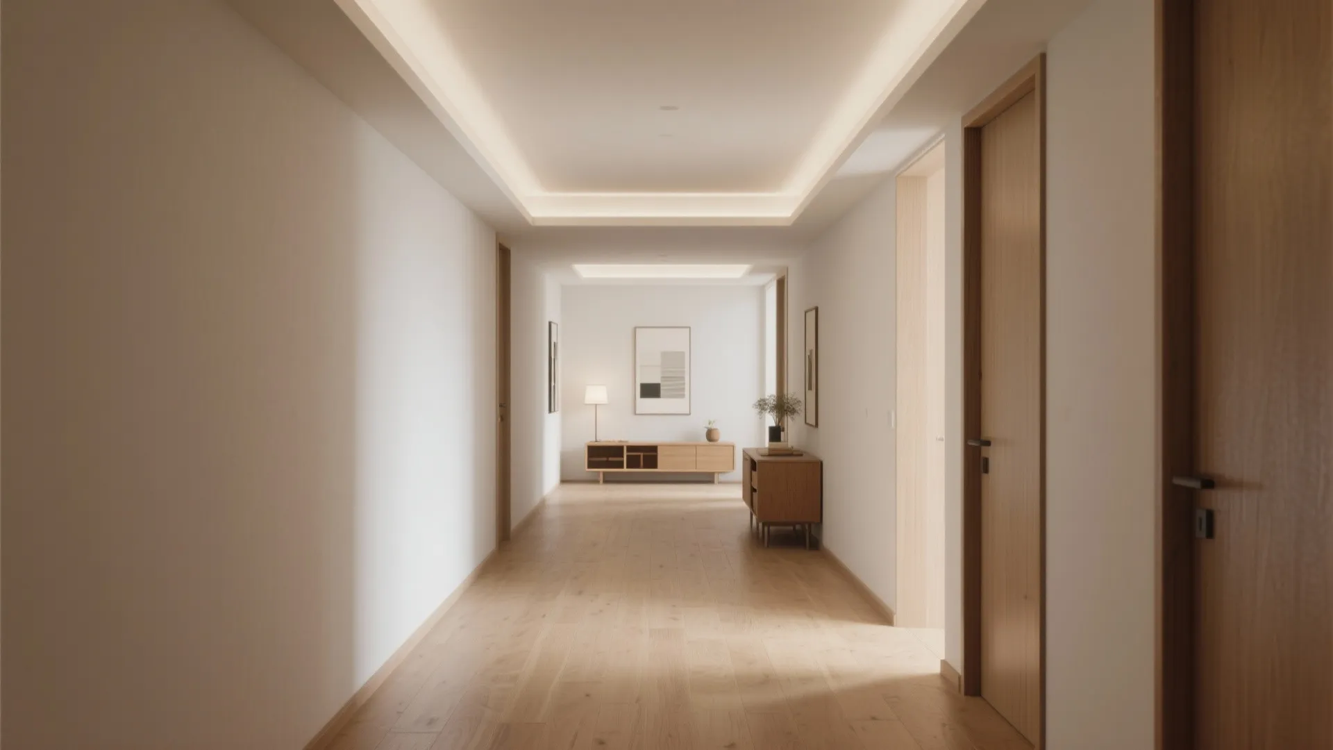 Minimalist home hallway with wooden floor white walls wood doors and soft warm ceiling light