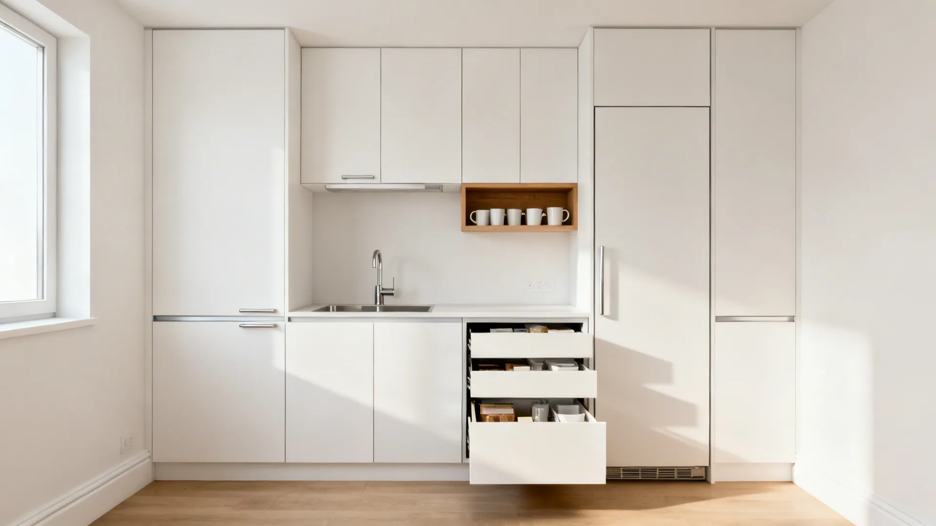 Full-height frameless cabinets with a single oak shelf and pantry pull-outs in a 12x8 kitchen.
