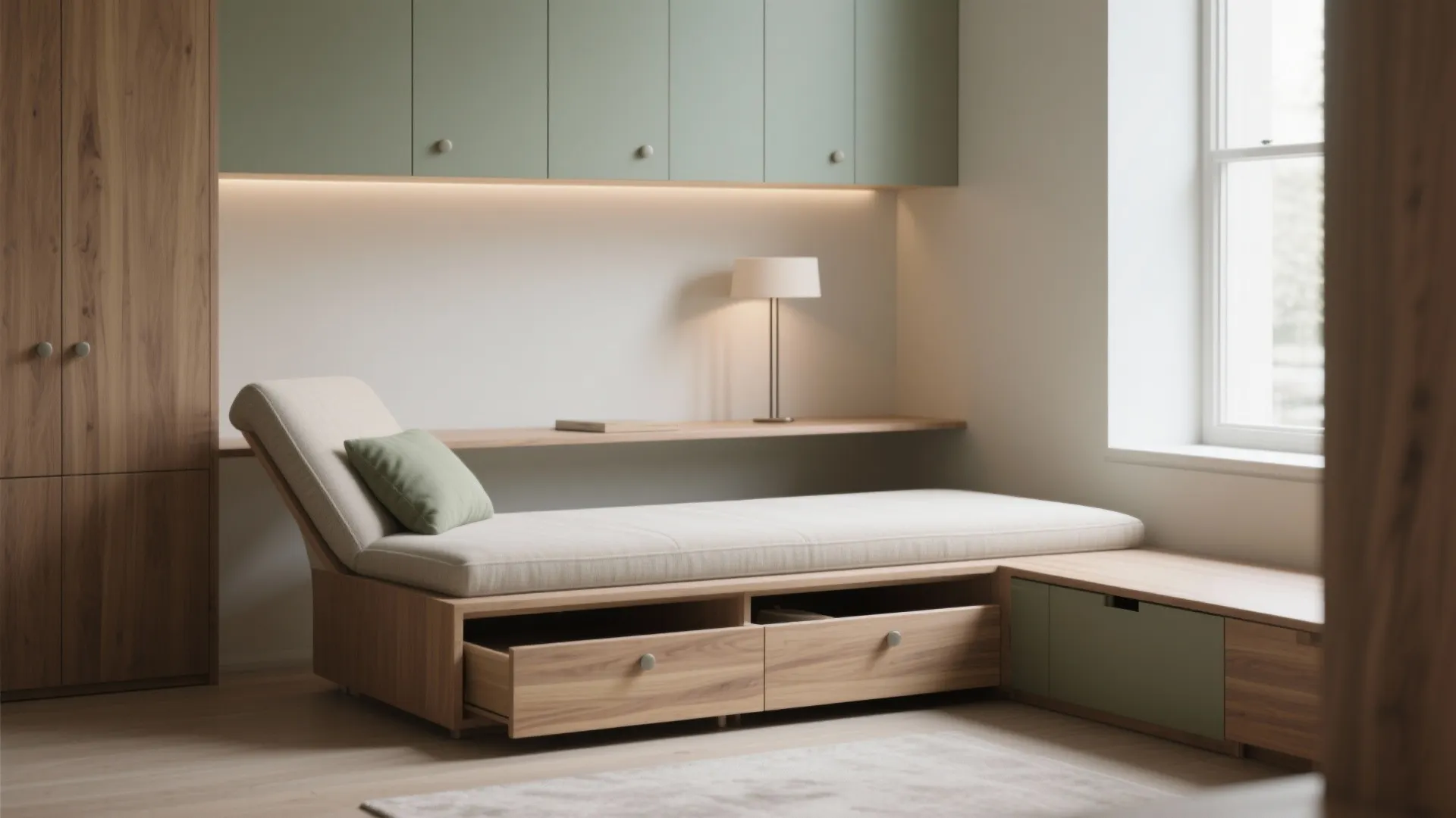 Minimalist storage around the chaise lounge