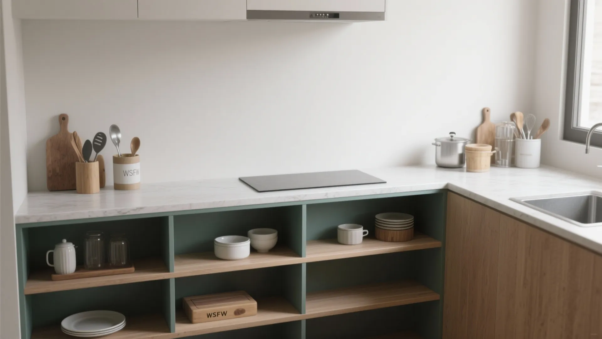 Minimalist kitchen storage with open green shelving containing white plates bowls and wood kitchen tools