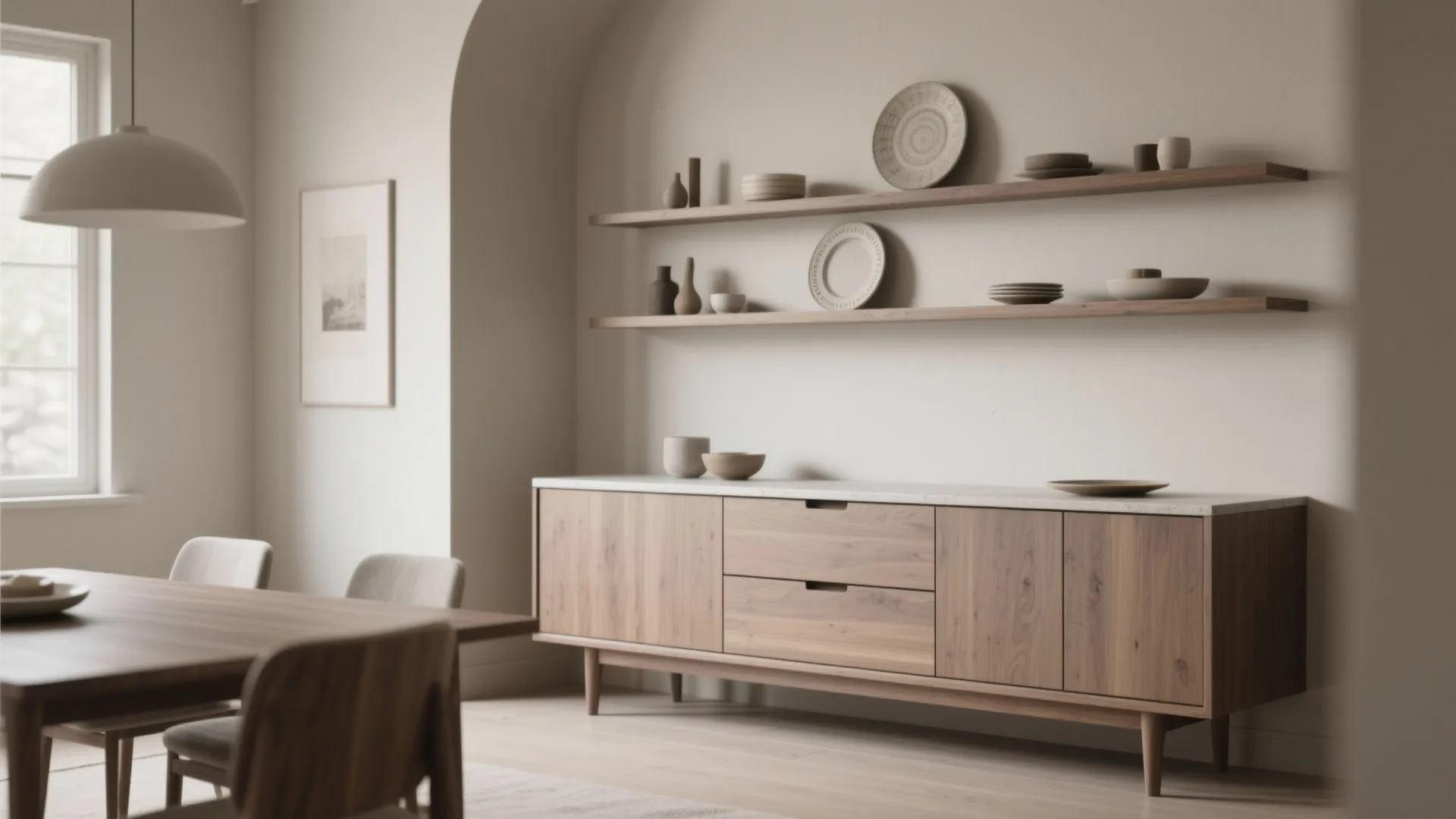 Minimalist dining room storage featuring wooden cabinet, wall shelves with pottery, and neutral wall colors