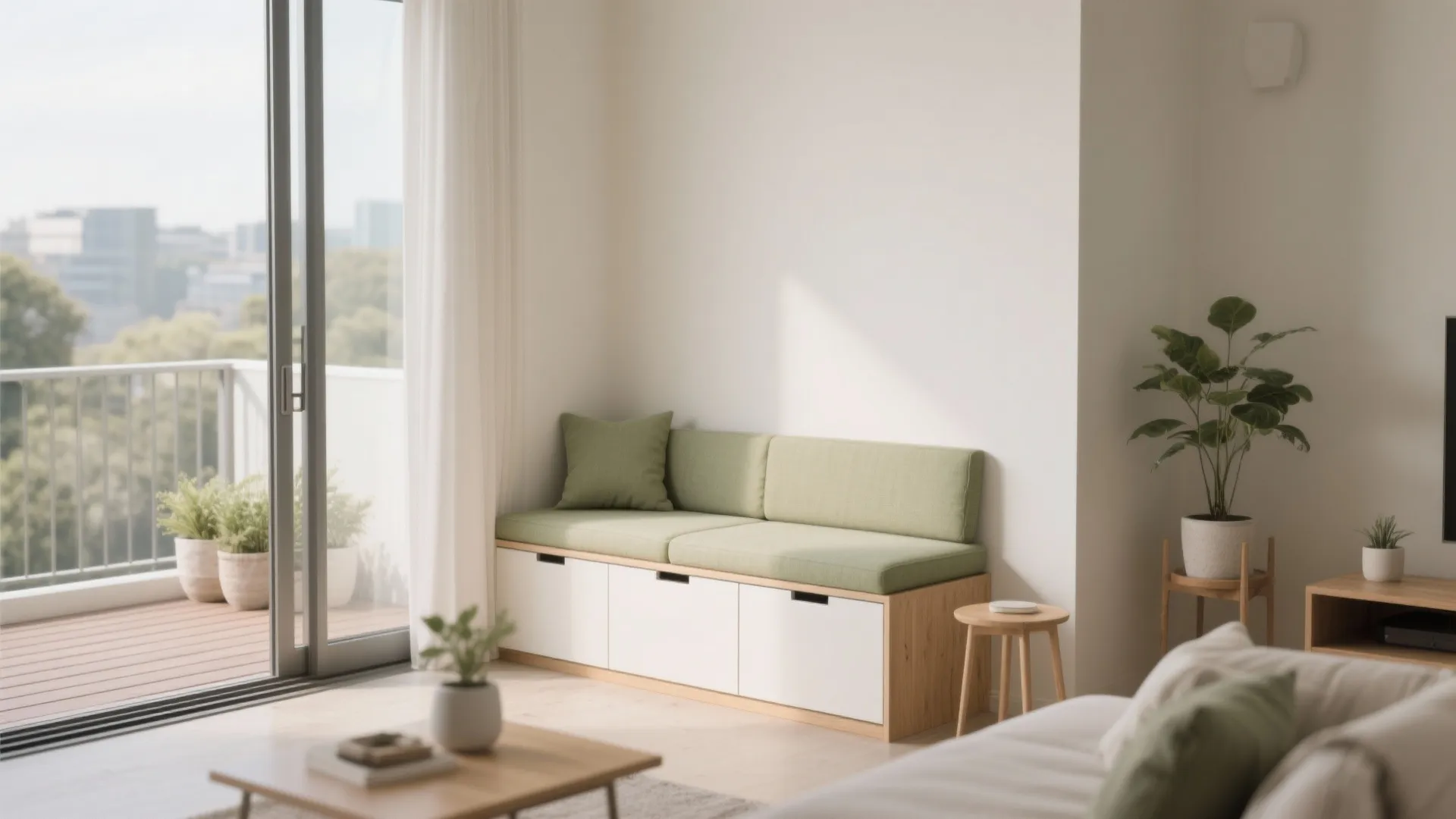 Minimalist balcony storage that blends with the living room