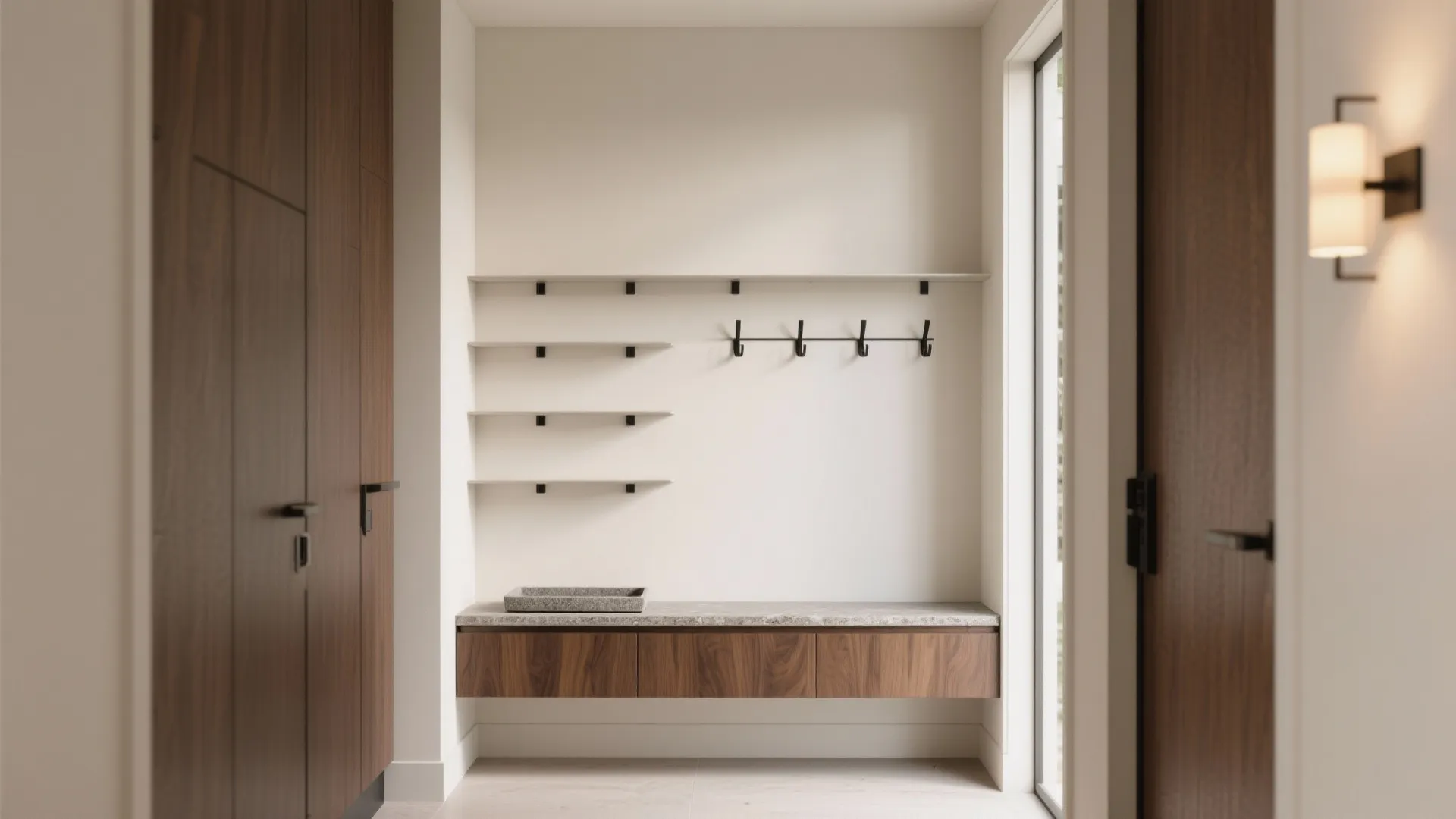 Minimalist entryway with wooden floating cabinet, stone bench, wall hooks, open shelves, and wall light