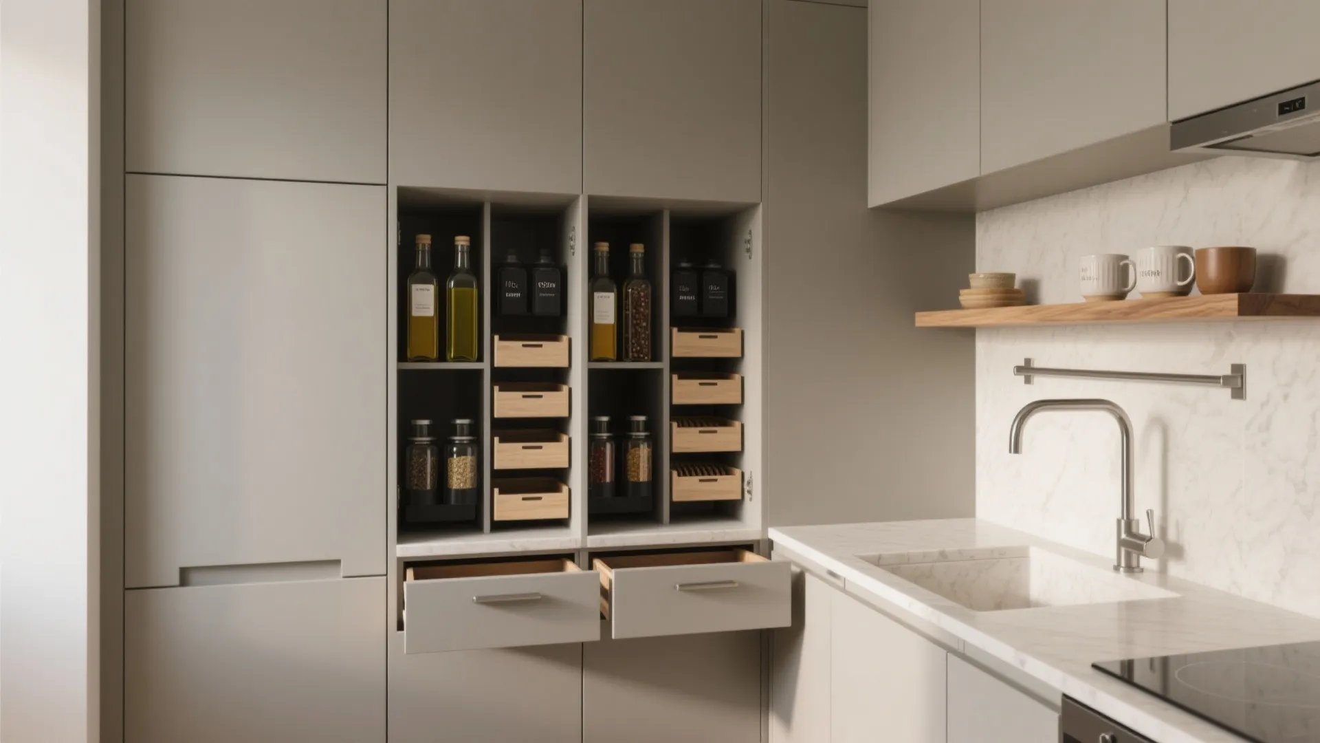 Modern grey kitchen cabinet with organized spice bottles wood drawers marble countertop and white sink area