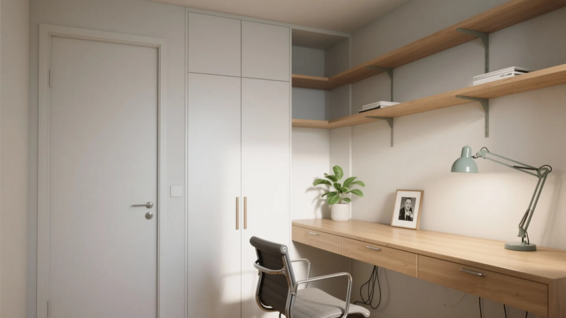 Minimalist home office with white cabinet, wooden floating shelves, desk, grey chair, and green lamp