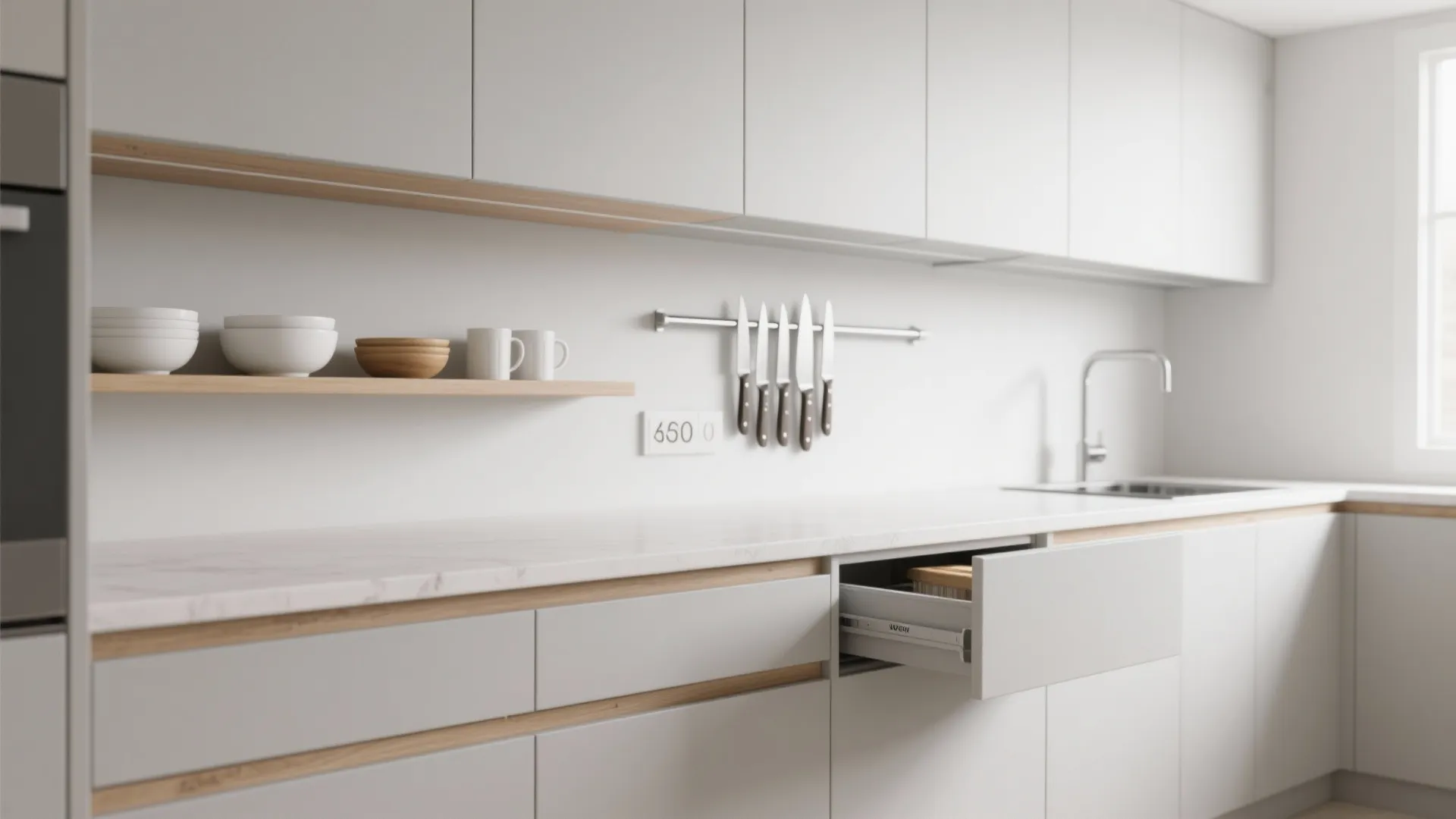 Modern white kitchen cabinet with an open drawer showing wooden storage boxes and marble countertop