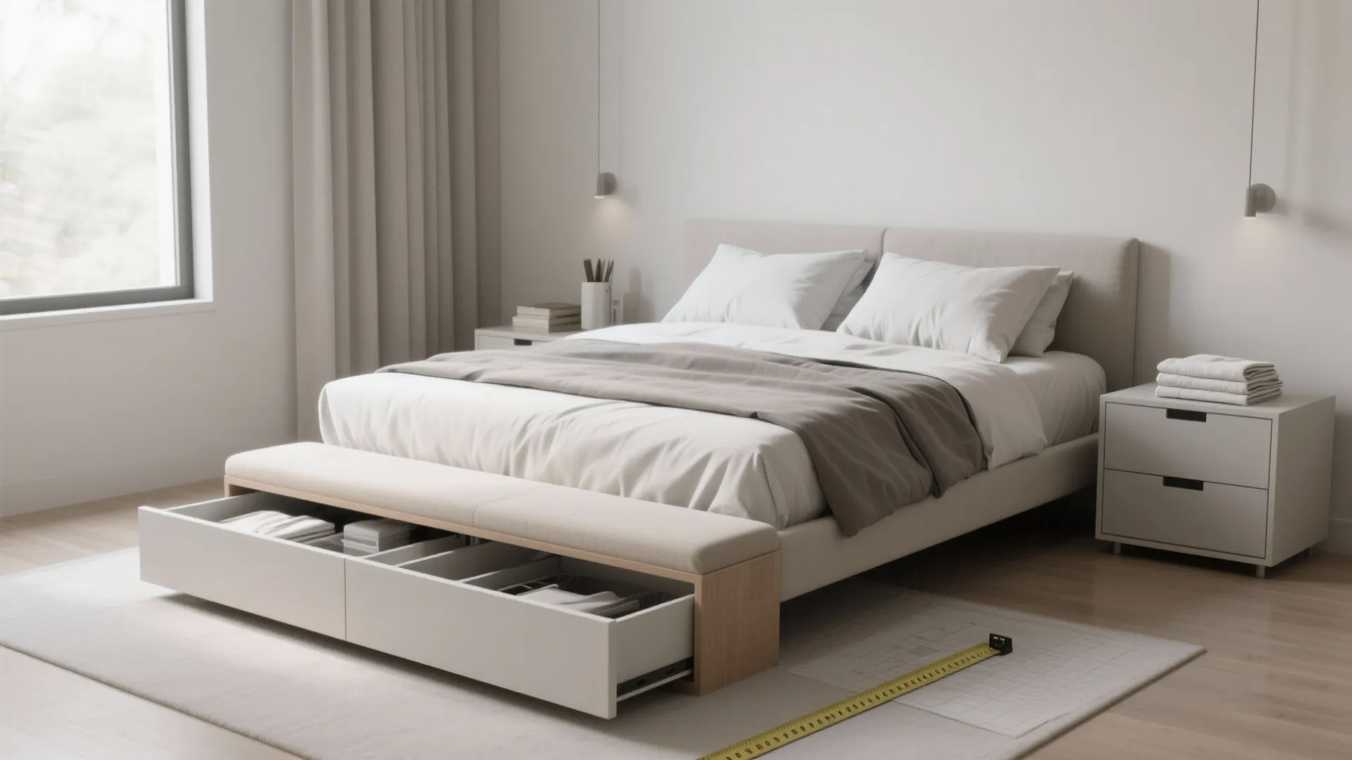 Minimalist bedroom showing a storage bench, nightstands with drawers, and discreet under-bed organizers for tidy small spaces.