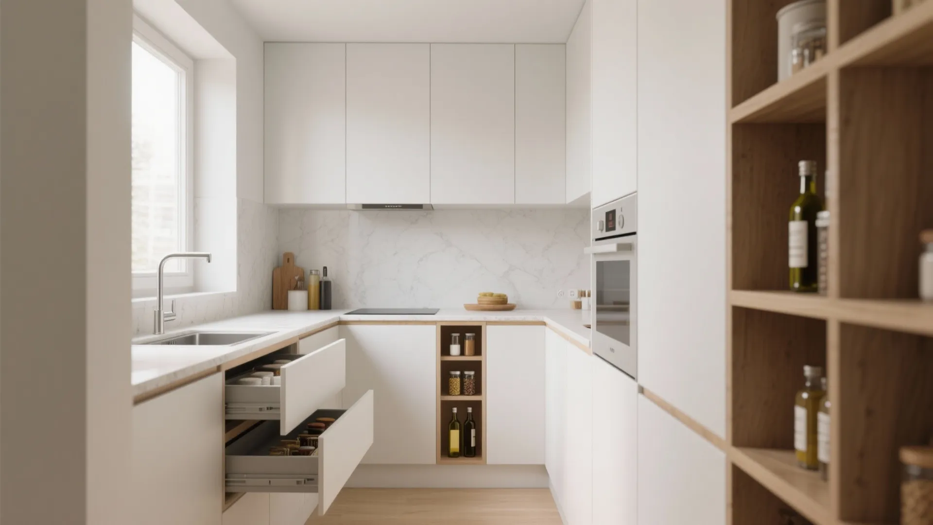 Modern white kitchen with open drawers wooden shelves marble backsplash white cabinets and a large window