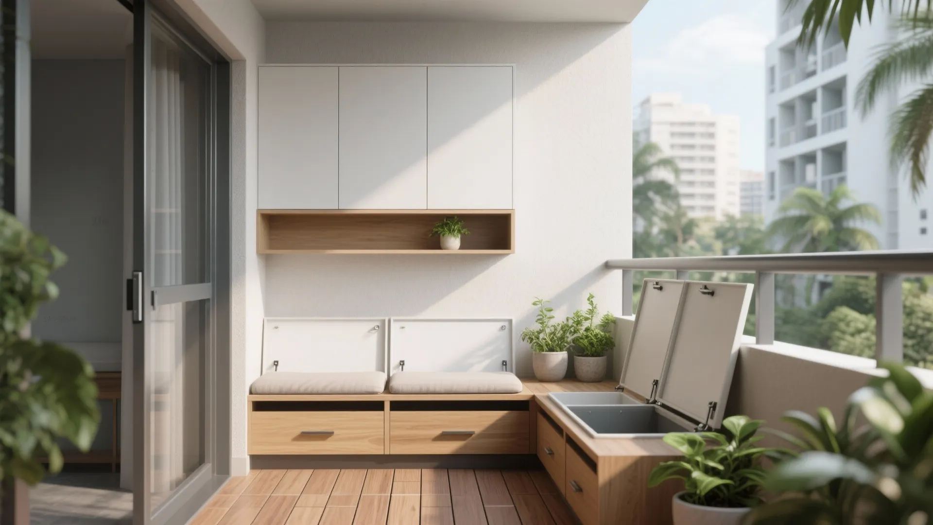 Minimalist balcony storage that doubles as seating
