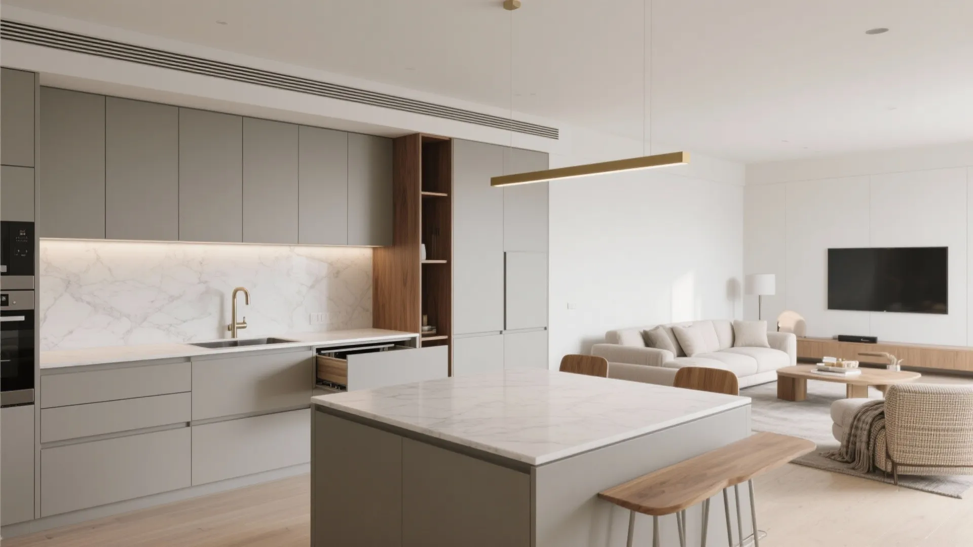 Minimalist kitchen storage that respects the living room