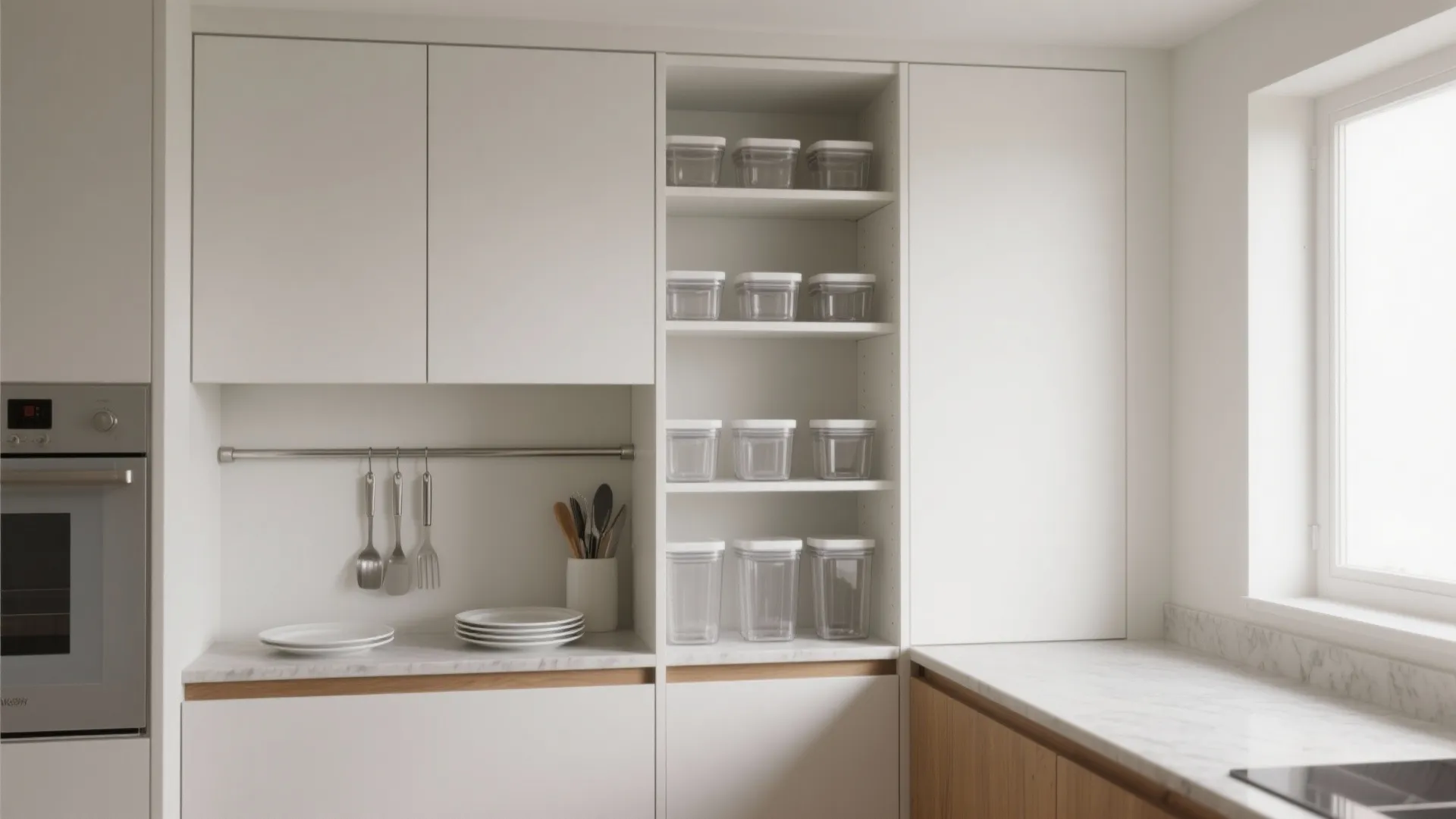 Minimalist white kitchen cabinet storage system with clear plastic containers and organized cooking tools layout