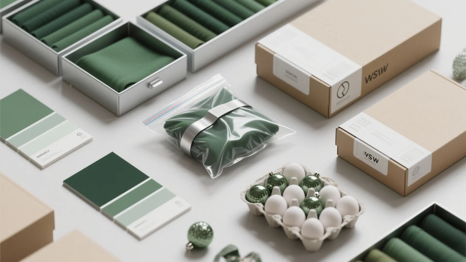 Organized storage boxes containing green fabric swatches color palettes and small white and green ornaments