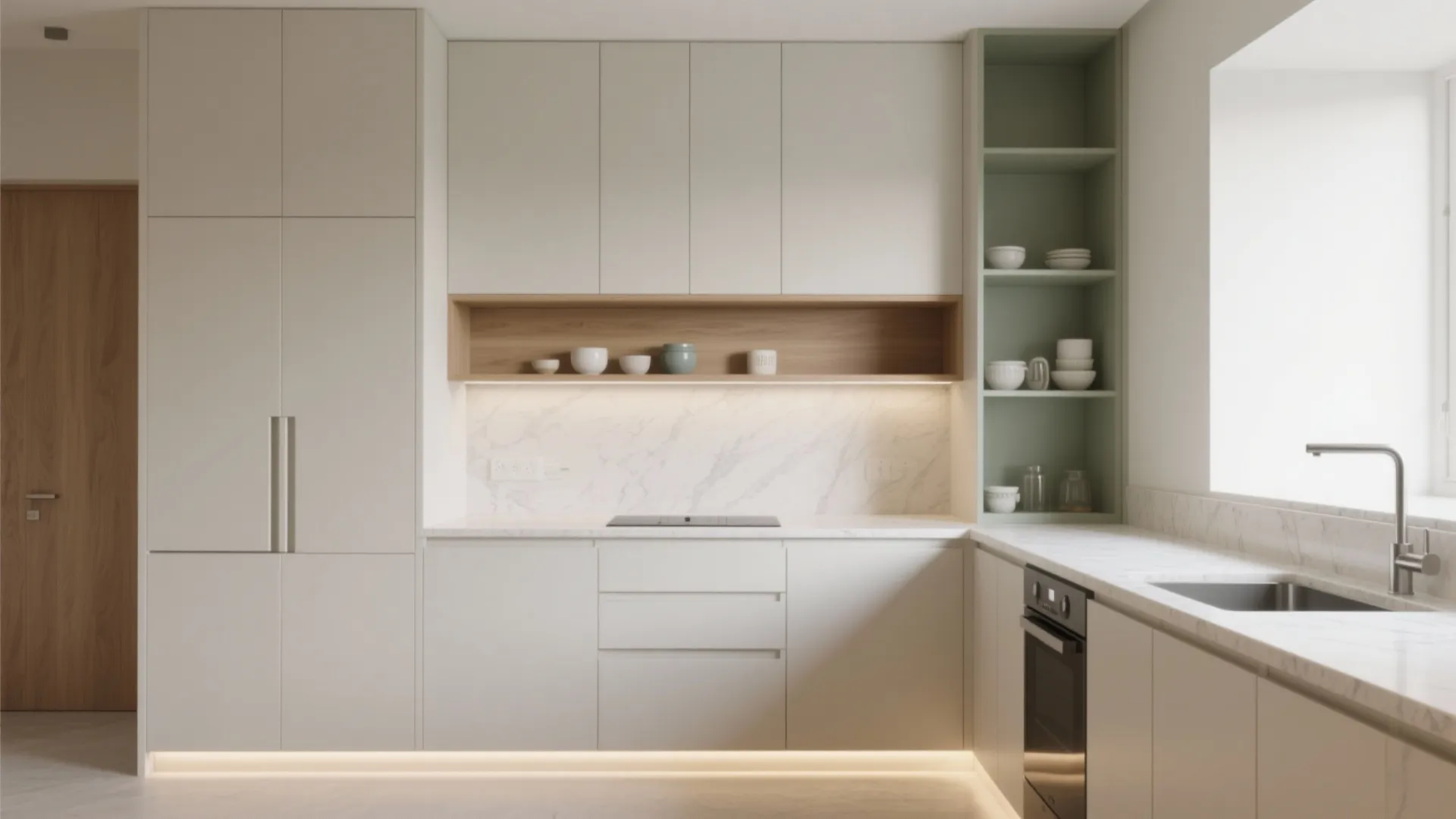 Modern white minimalist kitchen with wooden accents marble backsplash green open shelving and built-in appliances