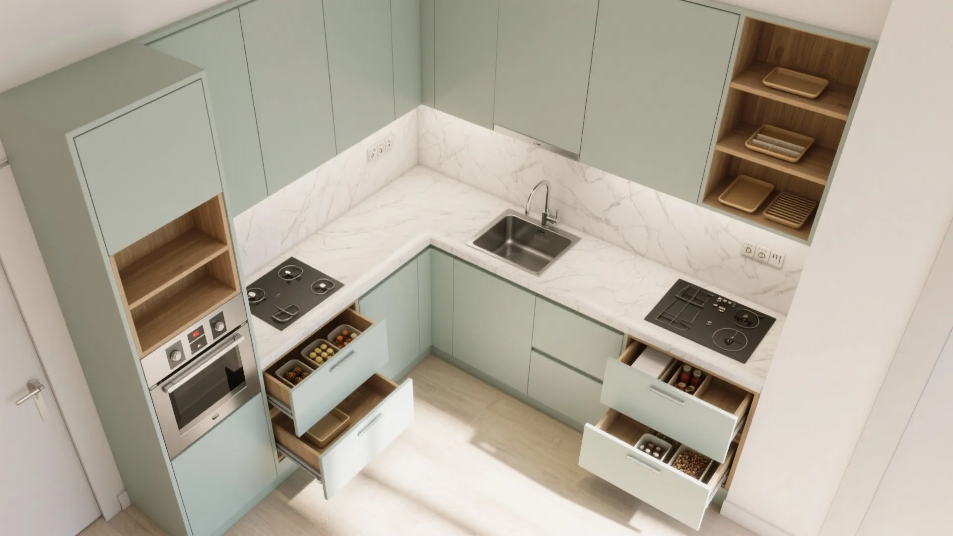 Top view of green kitchen cabinets showing open drawers with organized storage for an efficient