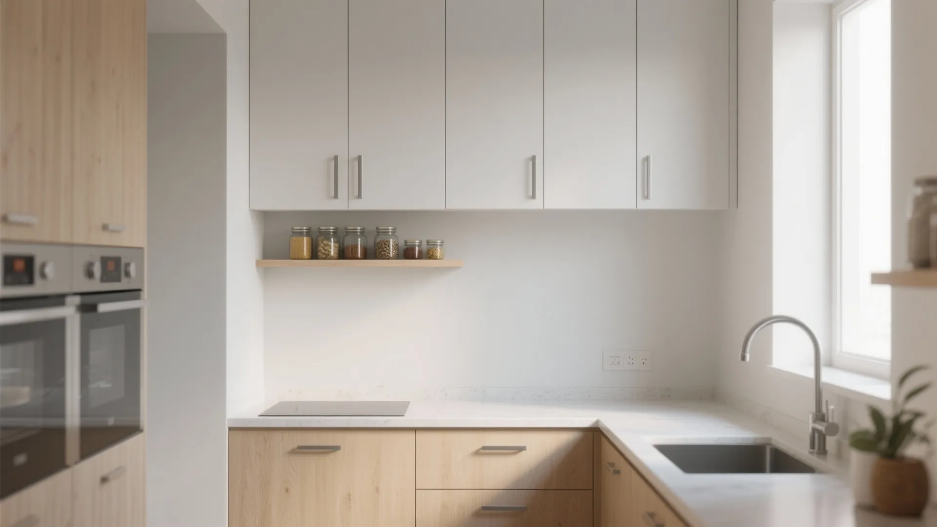 Minimalist white and wood kitchen design with wall cabinets spice jars sink and natural window