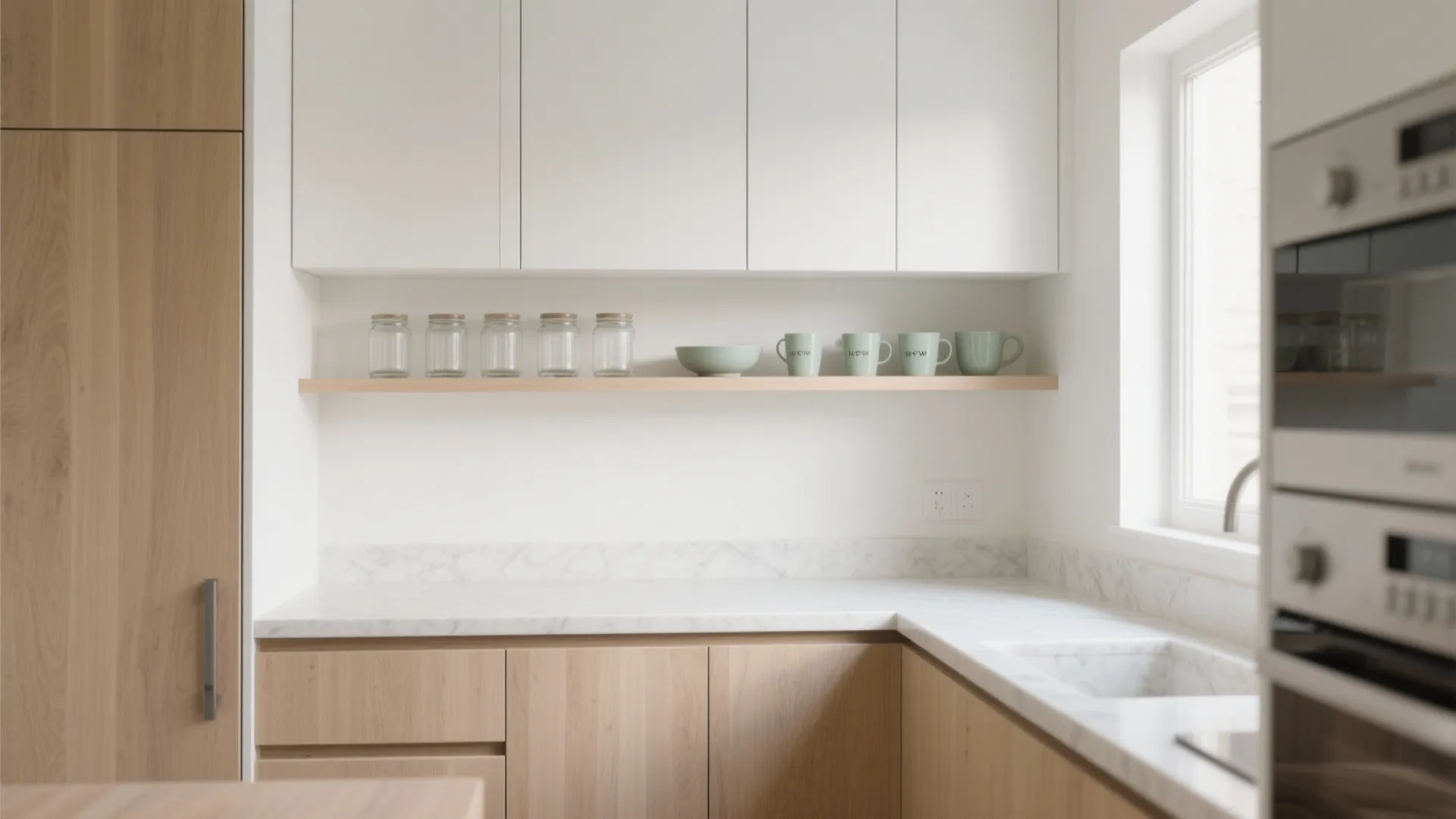 Clean kitchen interior with white upper cabinets wooden lower cabinets open shelf and marble countertop surface