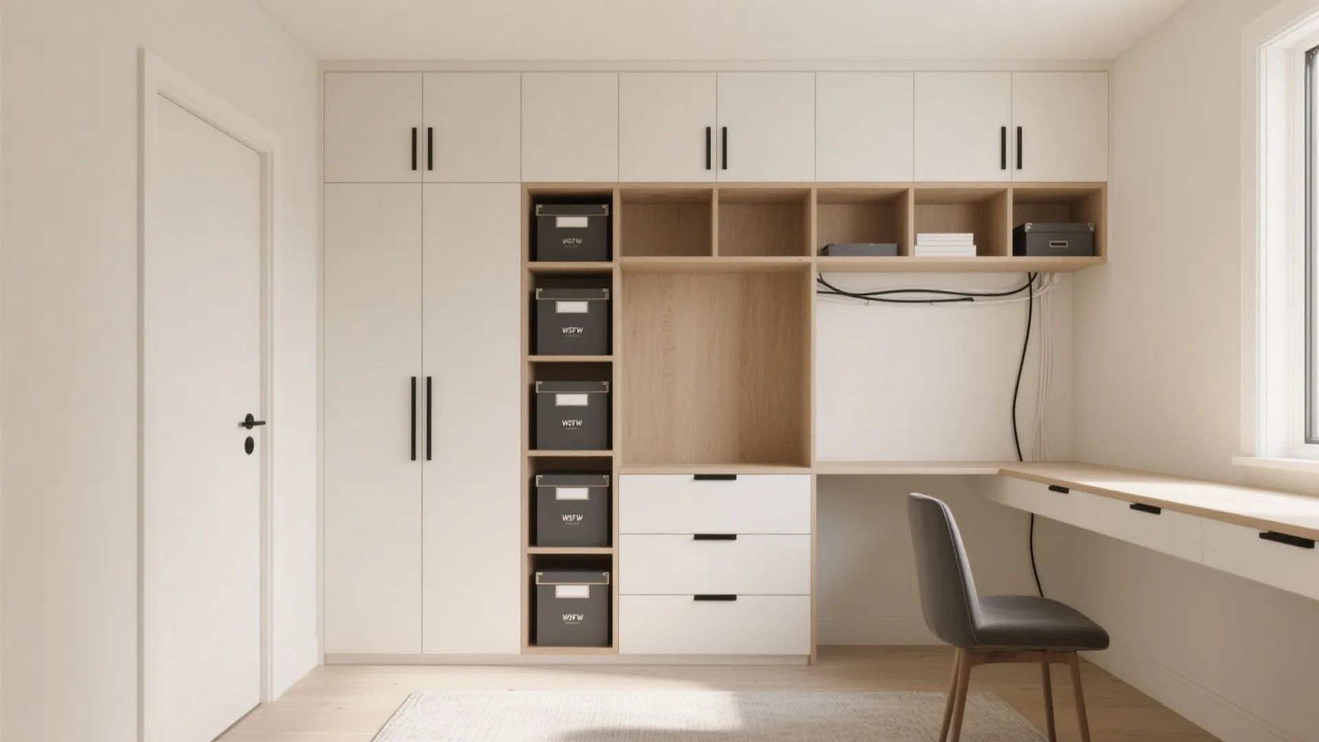 Modern white home office with built-in wardrobe, wooden desk, black storage boxes, and grey chair