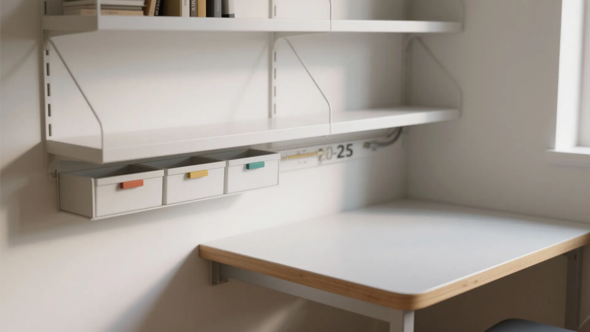 White wall mounted shelves above a desk with small storage boxes and minimalist office design