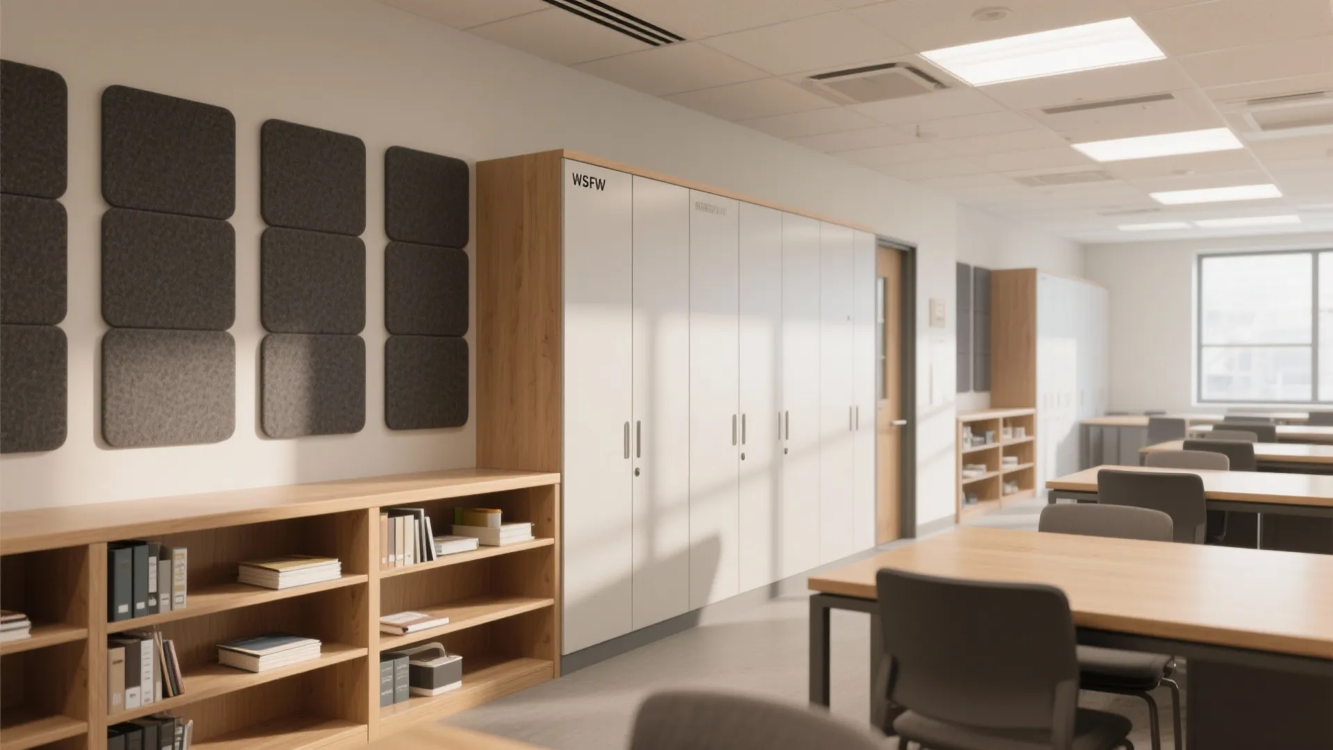 Clean office room with white storage cabinet wooden shelves black wall panels and work desks