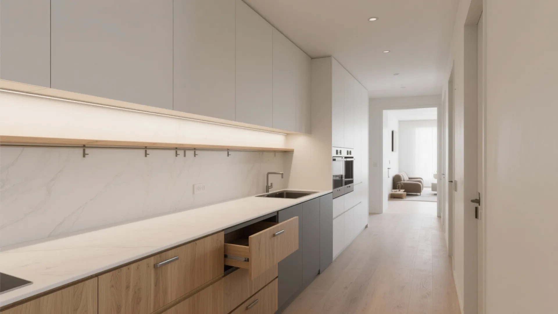 Minimalist Storage in an Open Hall Kitchen