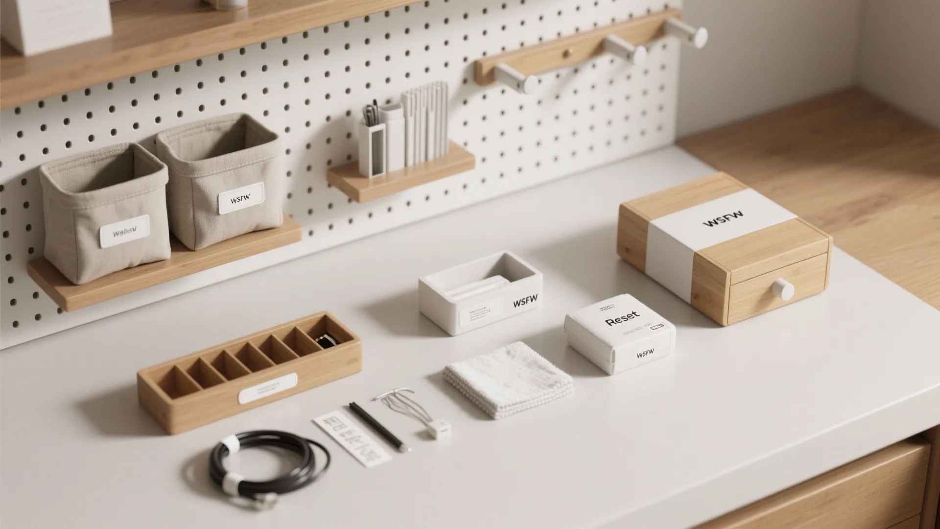 Organized white desk with pegboard storage showing fabric bins wooden boxes cables and office supplies