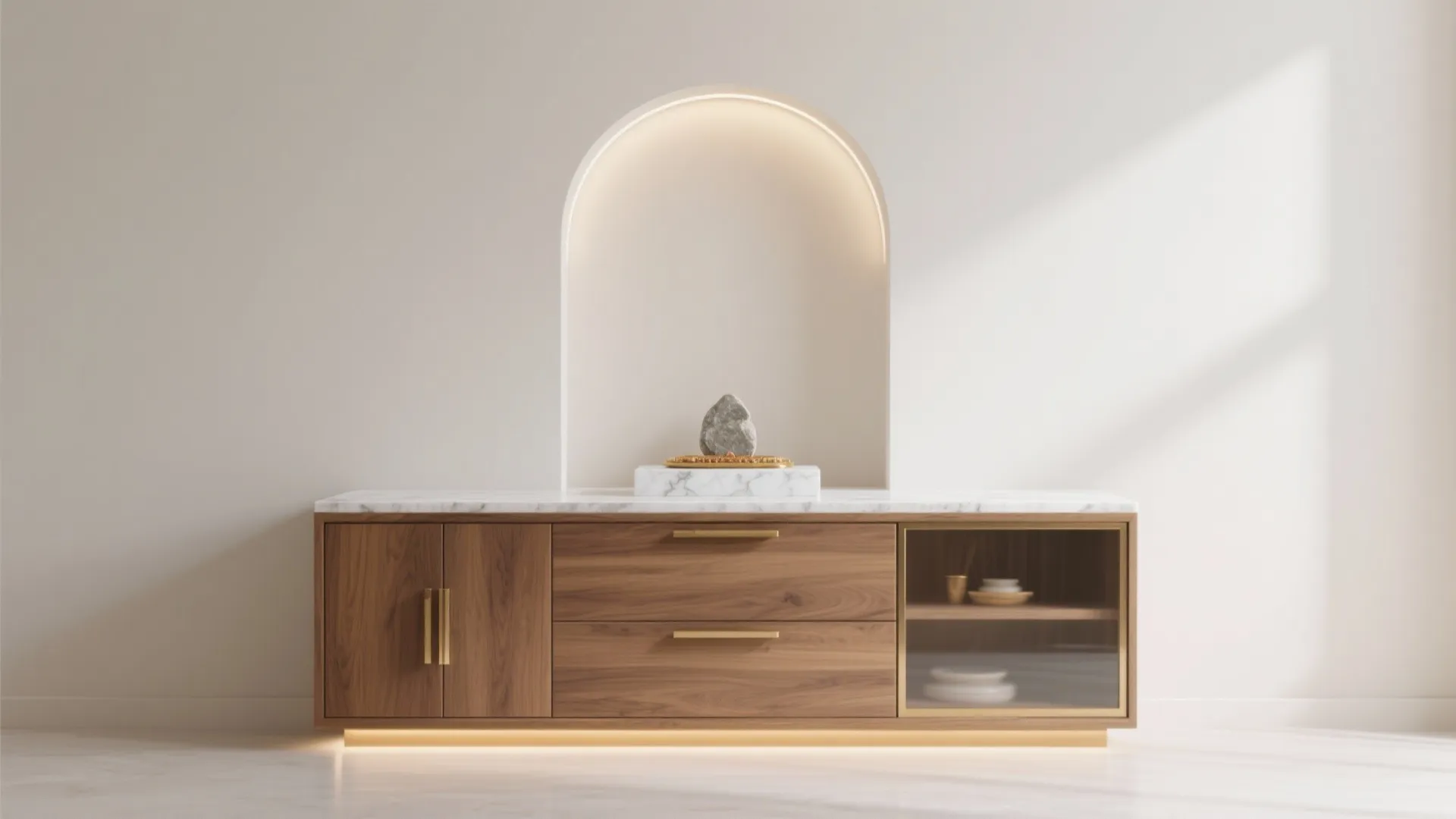 Minimalist mandir storage and clean lines