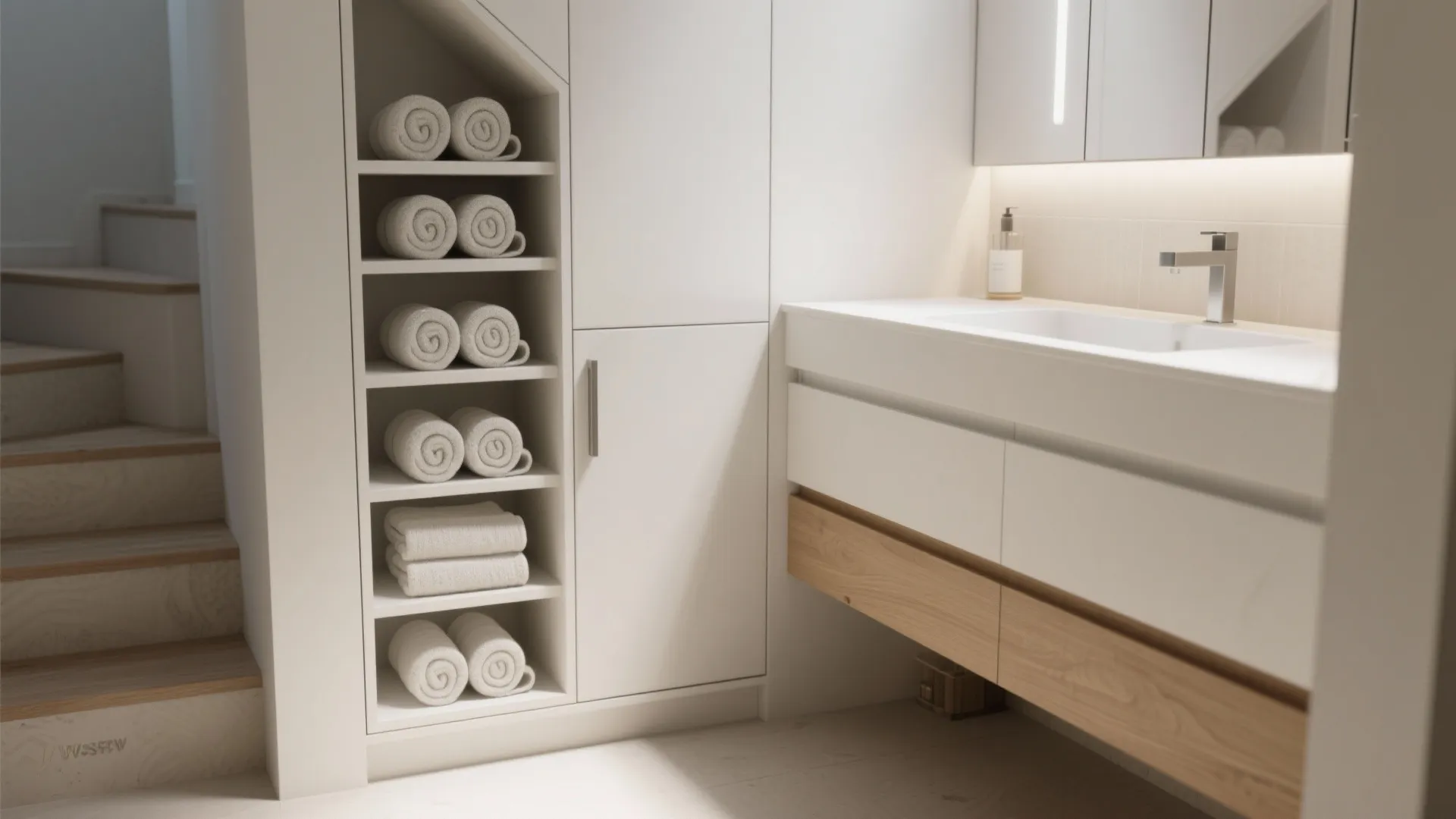 Clean white bathroom storage cabinet with rolled towels and a modern wooden sink vanity area