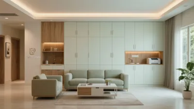 Modern Living Room with Built-In Storage & Soft Lighting