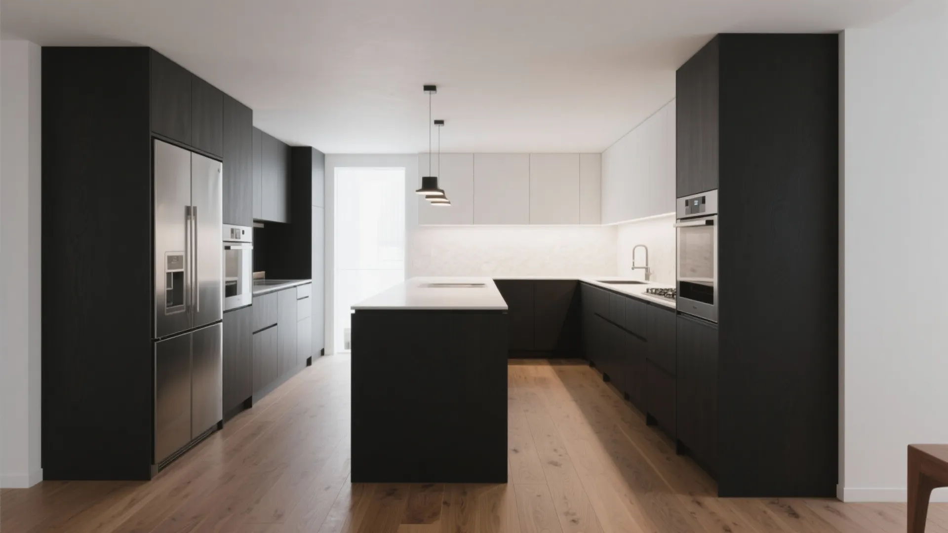 Minimalist kitchen storage with dark floors