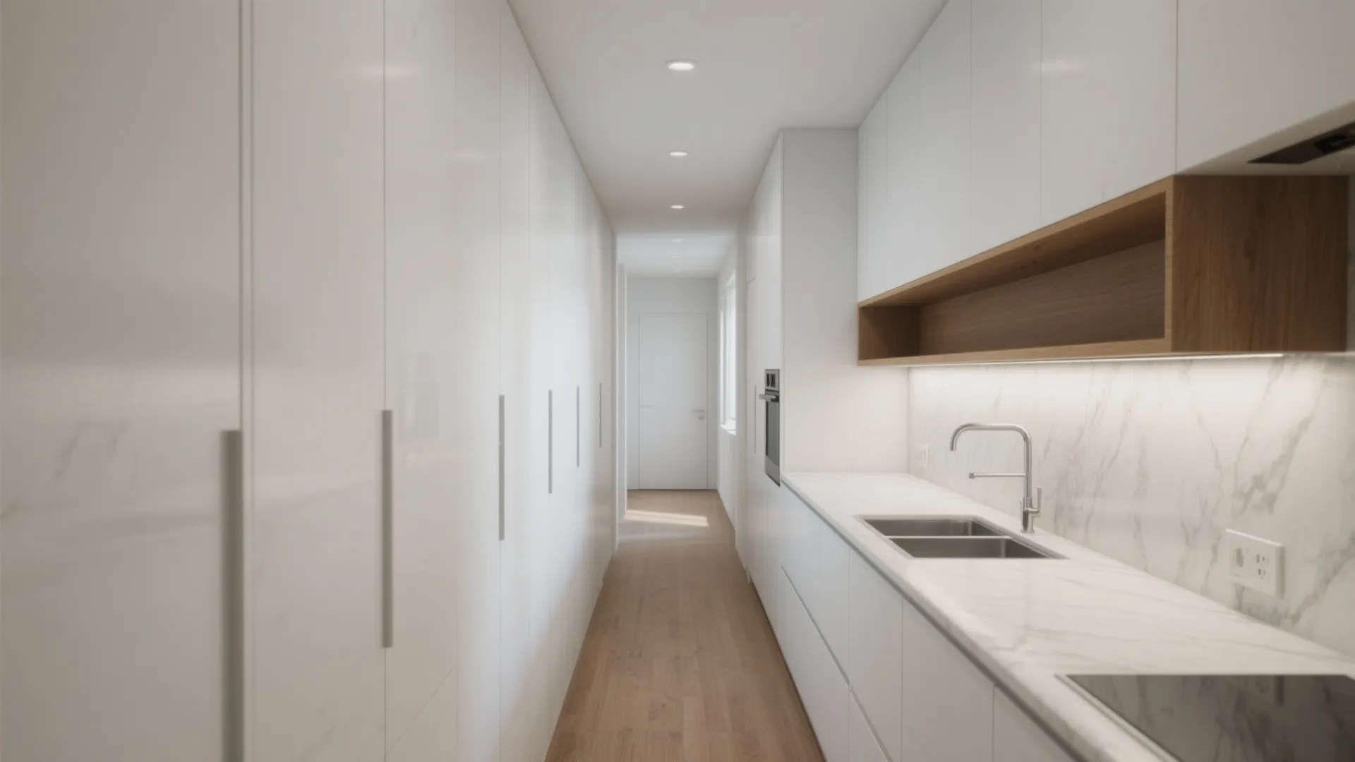 Minimalist white kitchen corridor featuring floor-to-ceiling cabinets, marble countertops, wooden flooring, and soft ceiling lights