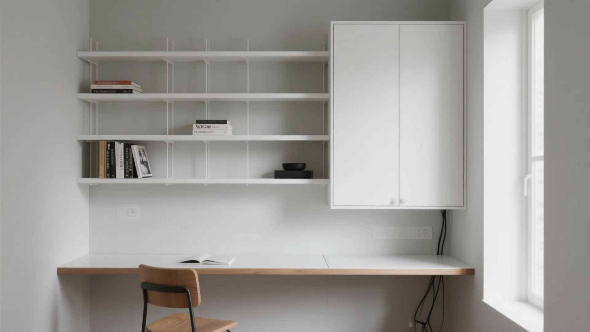Minimalist white study room with long desk, open wall shelves, white cabinet, and wooden chair