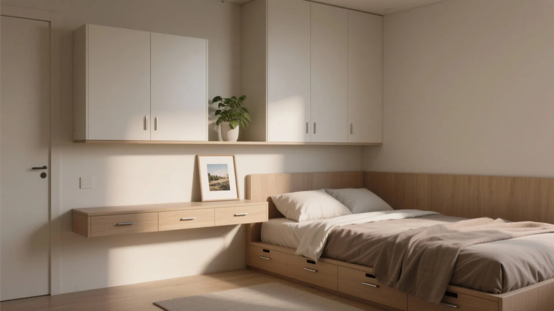 Modern bedroom with wooden bed frame integrated storage white wall cabinets and small floating desk