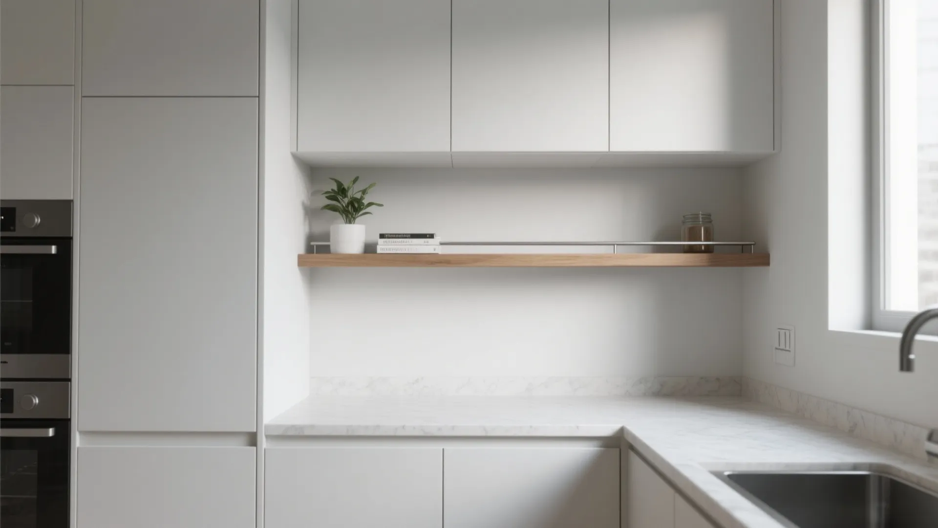 Modern white kitchen with marble countertop wooden shelf small green plant white cabinets and oven